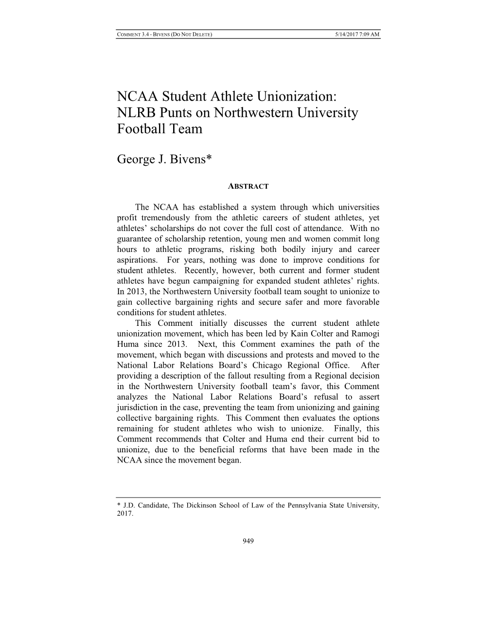 NCAA Student Athlete Unionization: NLRB Punts on Northwestern University Football Team