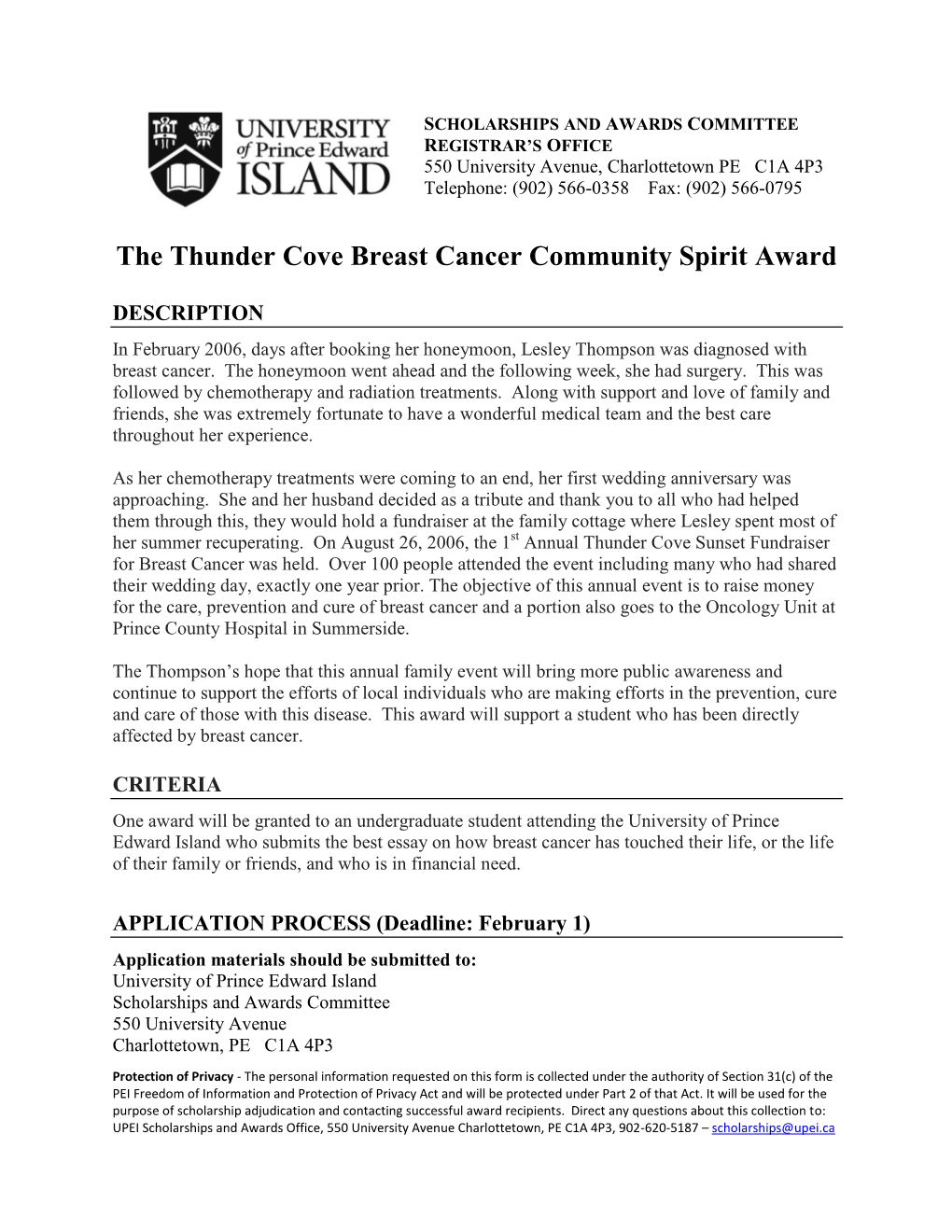 The Thunder Cove Breast Cancer Community Spirit Award