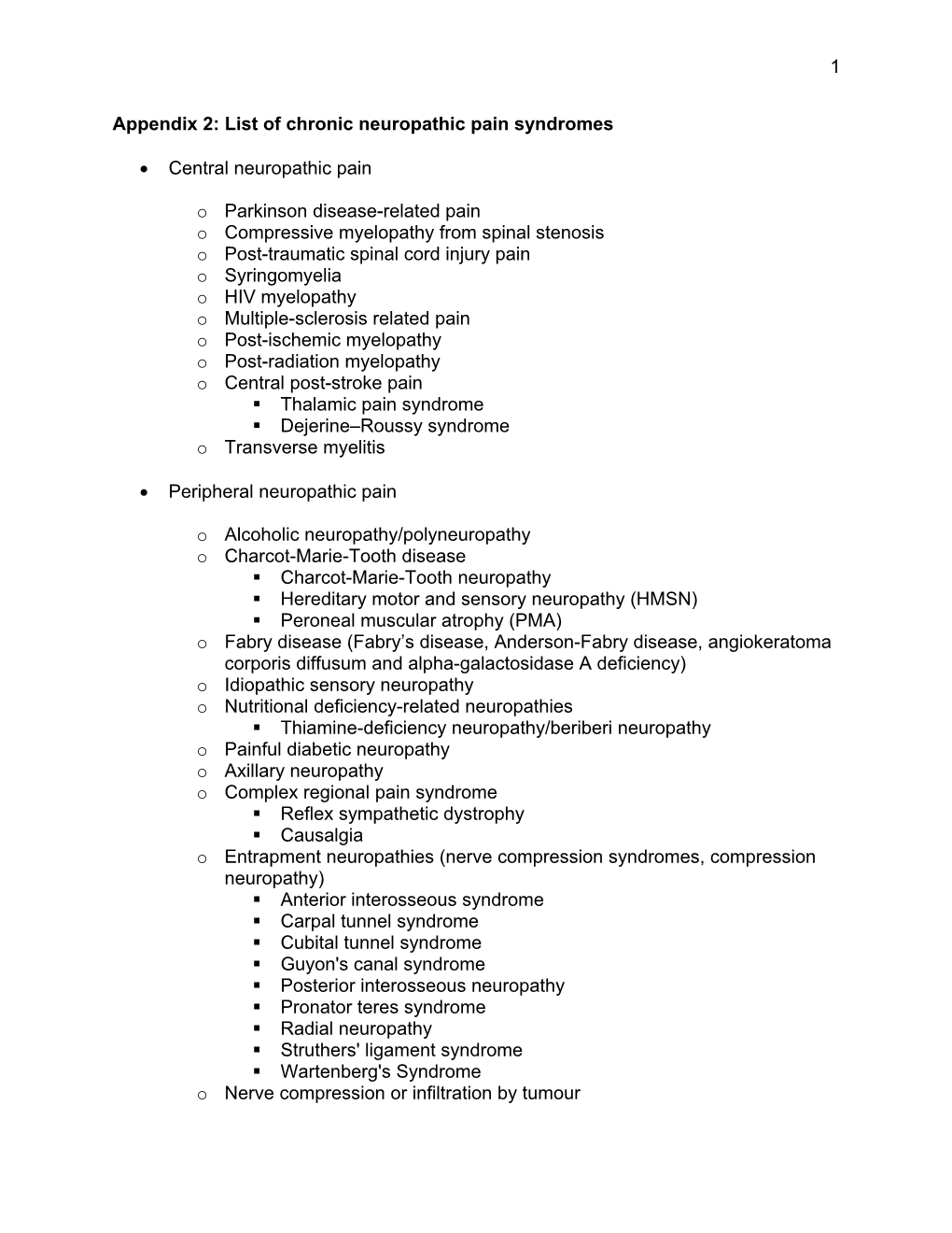 List of Chronic Neuropathic Pain Syndromes • Central