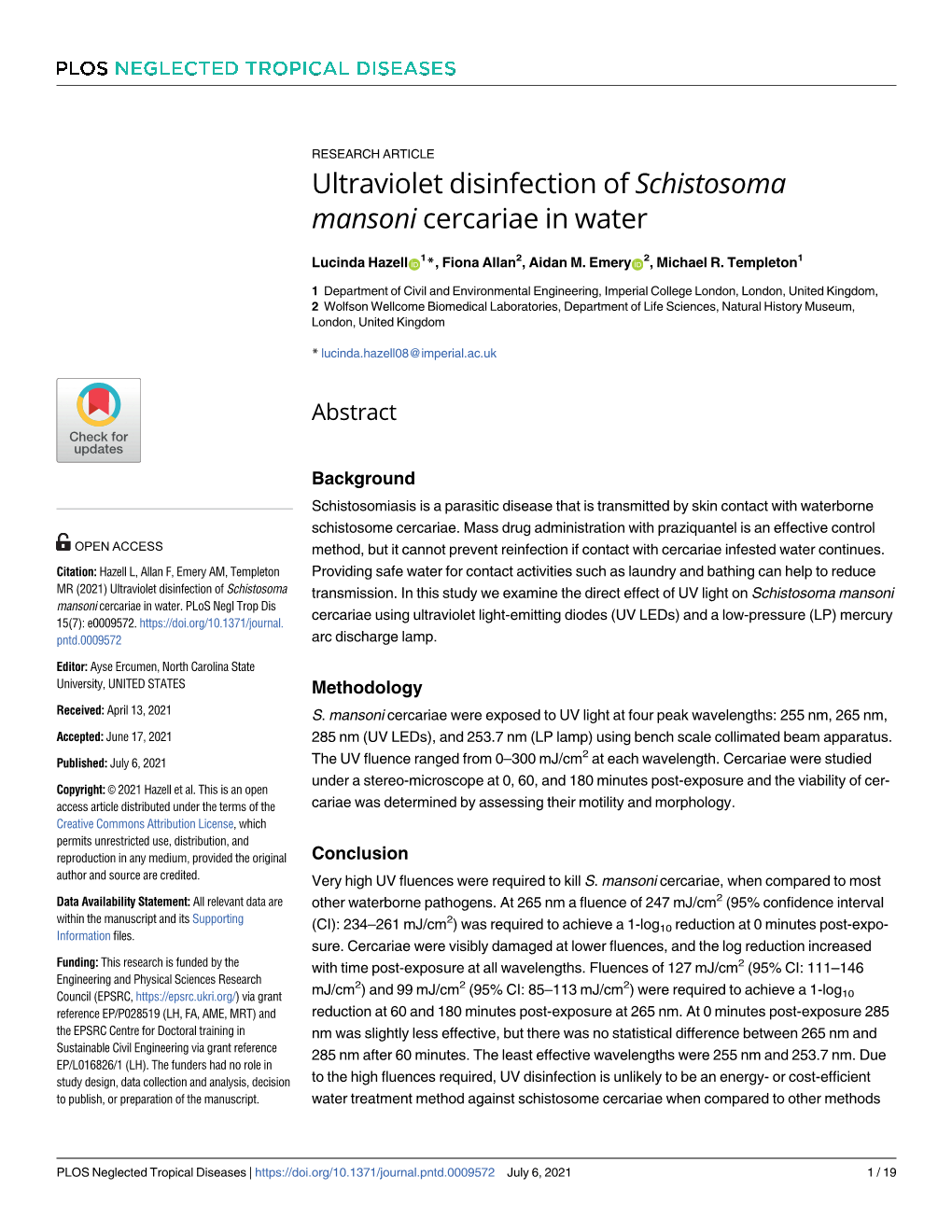 Ultraviolet Disinfection of Schistosoma Mansoni Cercariae in Water