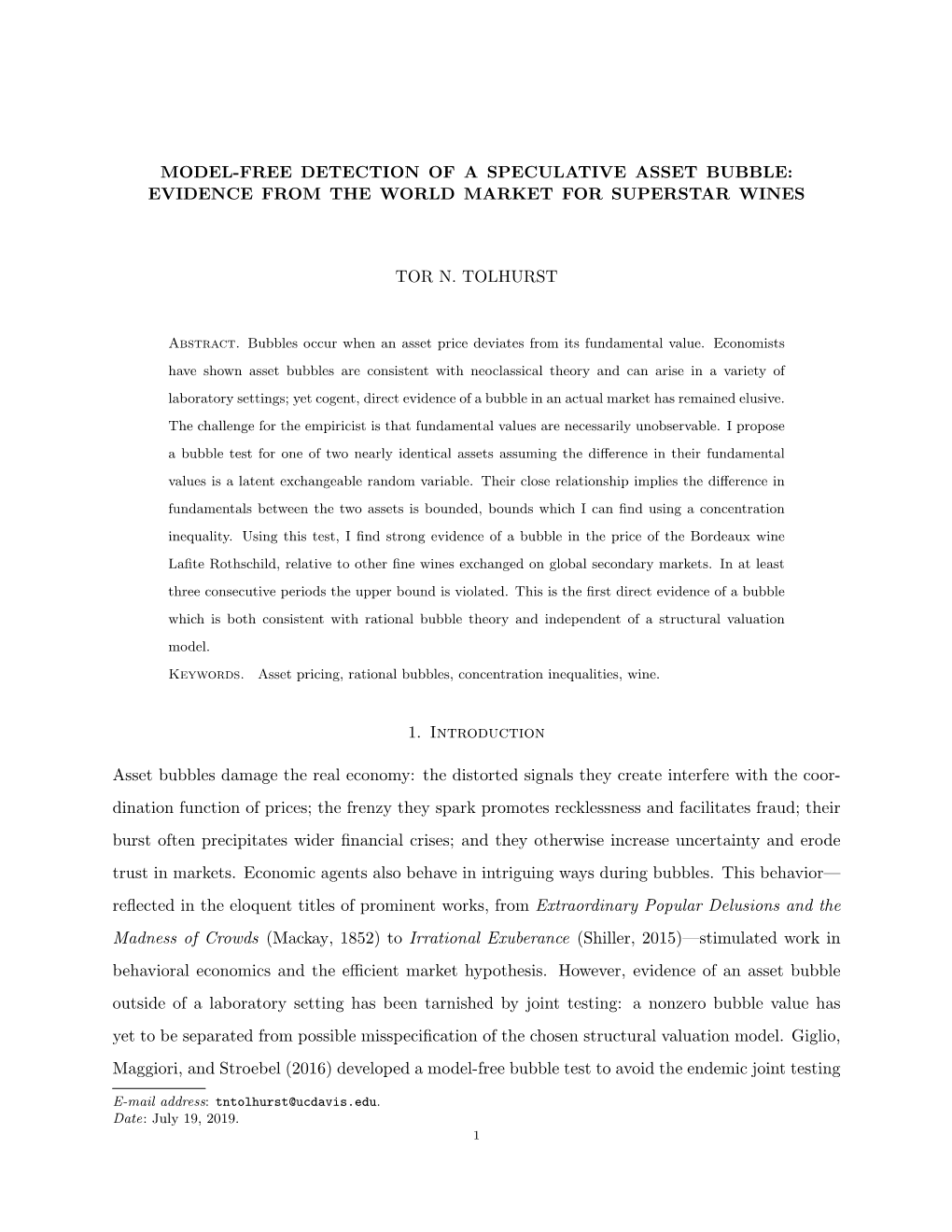 Modal-Free Detection of a Speculative Asset Bubble