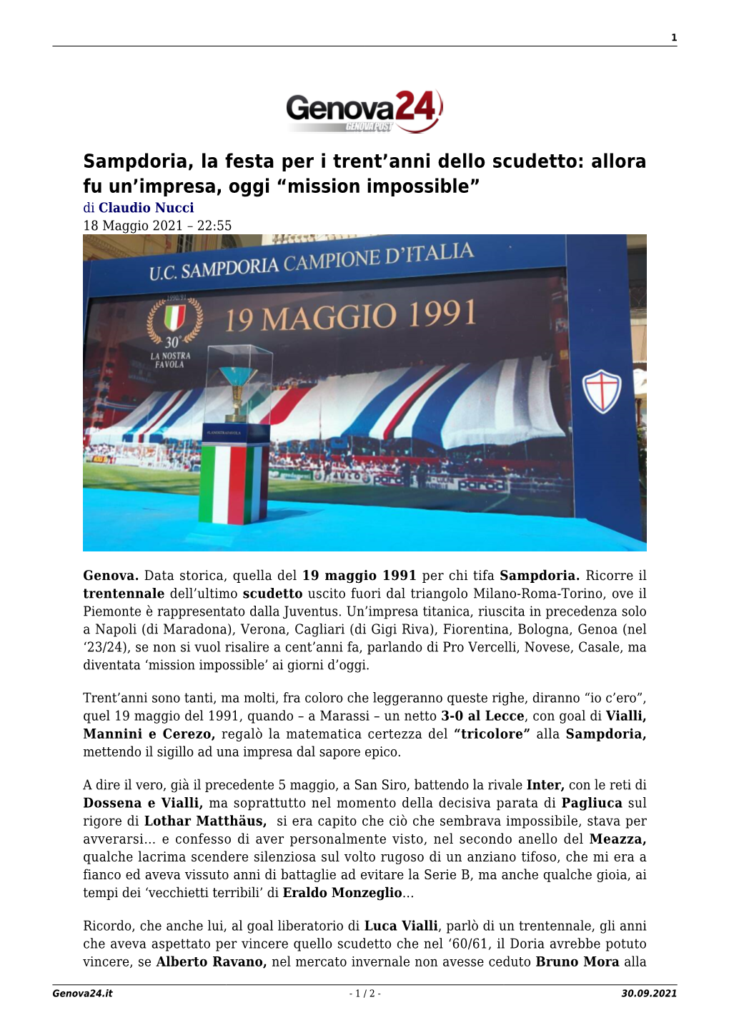Sampdoria, La Festa Per I Trent'anni Dello Scudetto