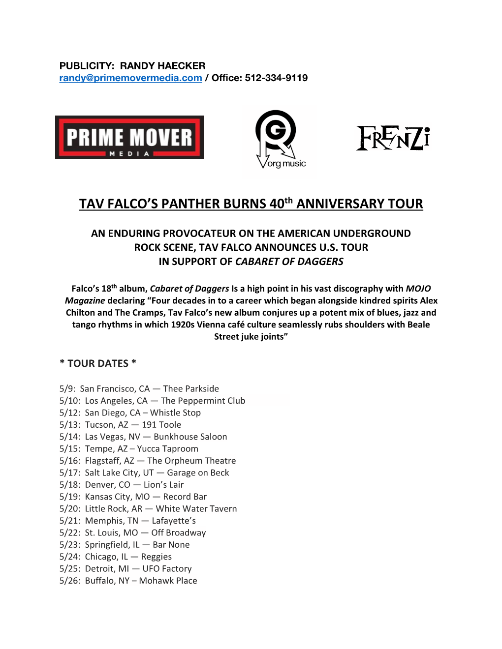 TAV FALCO's PANTHER BURNS 40Th ANNIVERSARY TOUR
