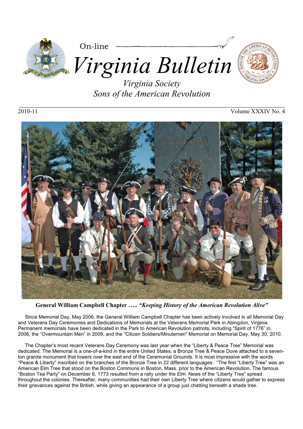 Virginia Bulletin Virginia Society Sons of the American Revolution ______2010-11 Volume XXXIV No