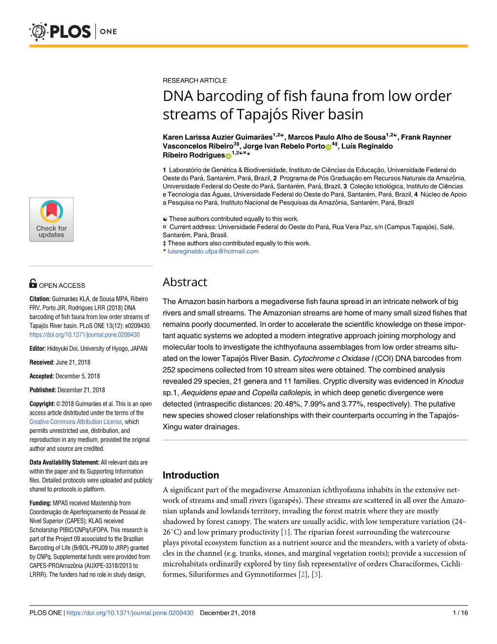 DNA Barcoding of Fish Fauna from Low Order Streams of Tapajós River Basin
