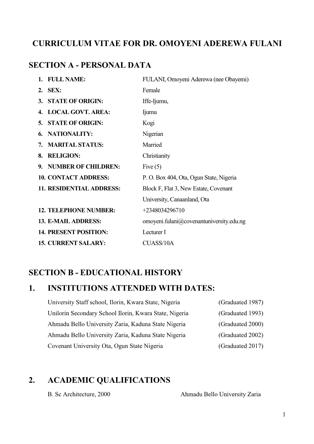 Curriculum Vitae for Dr. Omoyeni Aderewa Fulani Section A