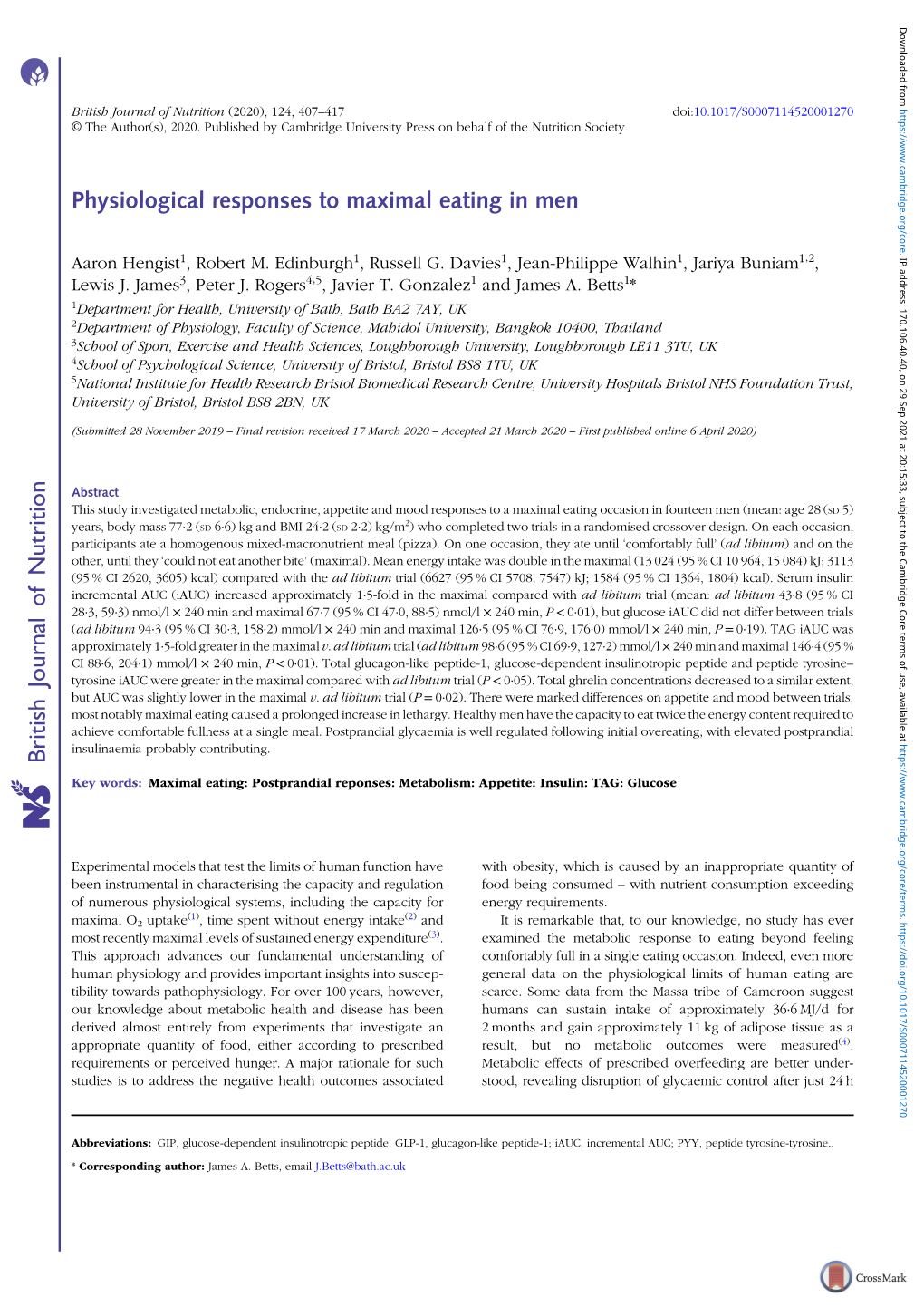 Physiological Responses to Maximal Eating in Men