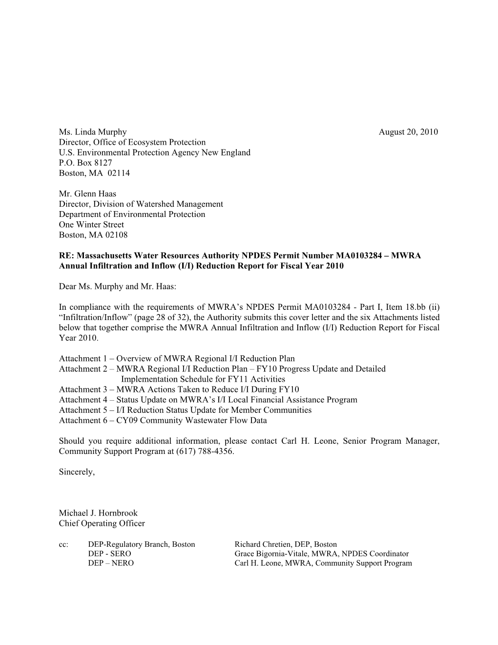 Ms. Linda Murphy August 20, 2010 Director, Office of Ecosystem Protection U.S