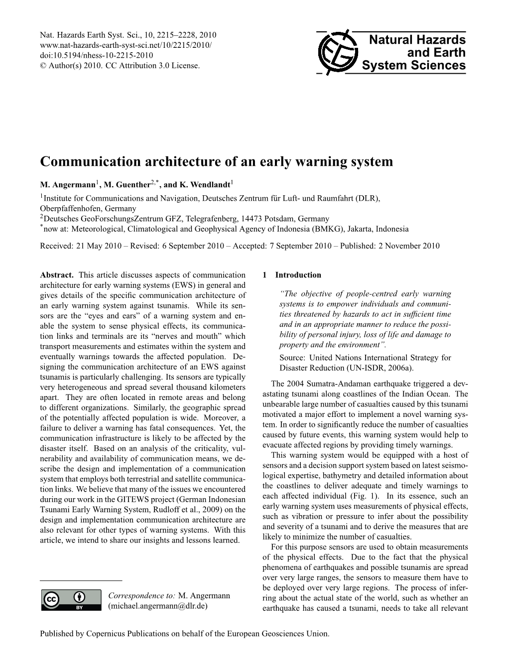 Communication Architecture of an Early Warning System