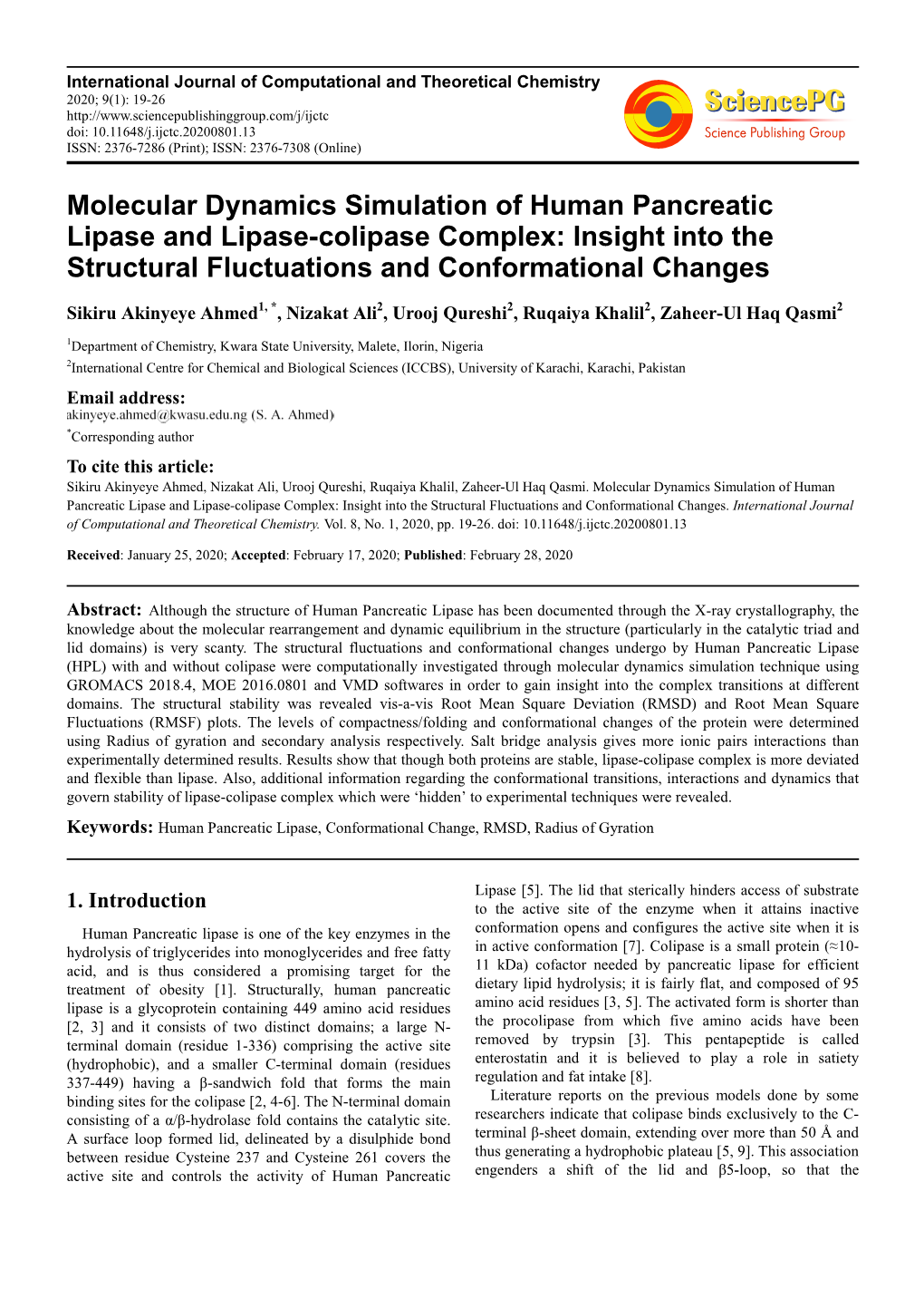 Molecular Dynamics Simulation of Human Pancreatic Lipase and Lipase-Colipase Complex: Insight Into the Structural Fluctuations and Conformational Changes