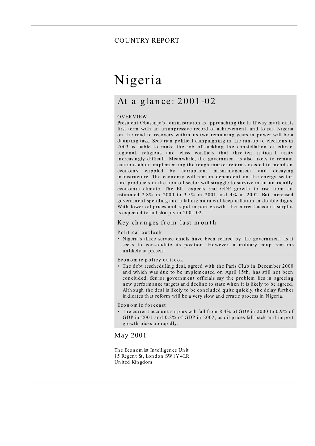 Nigeria at a Glance: 2001-02