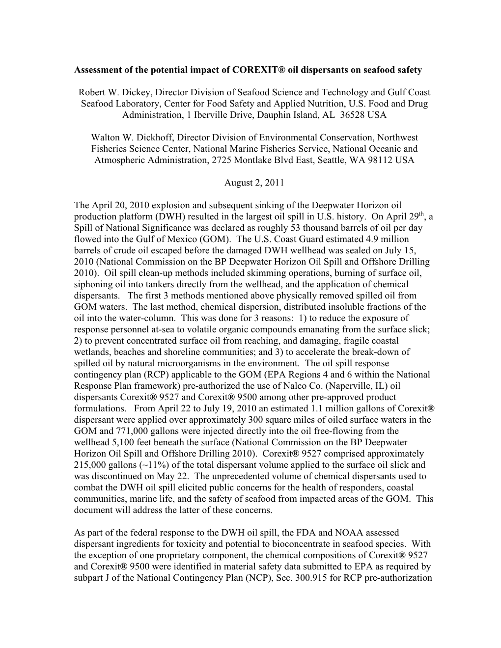 Assessment of the Potential Impact of COREXIT® Oil Dispersants on Seafood Safety