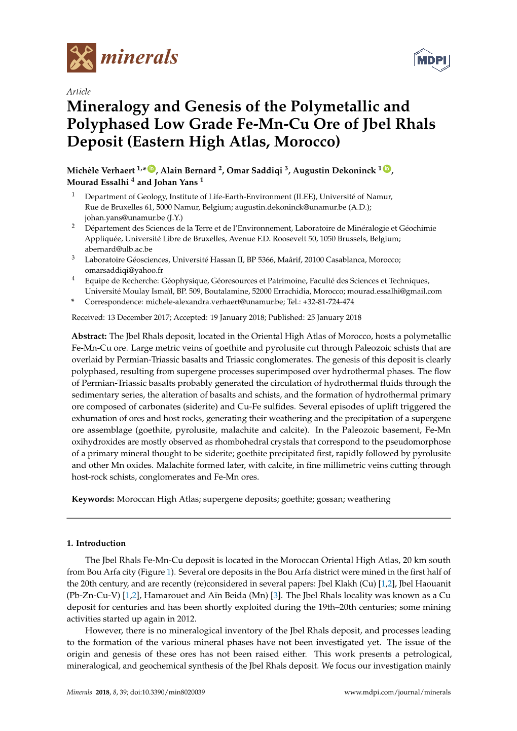 Mineralogy and Genesis of the Polymetallic and Polyphased Low Grade Fe-Mn-Cu Ore of Jbel Rhals Deposit (Eastern High Atlas, Morocco)