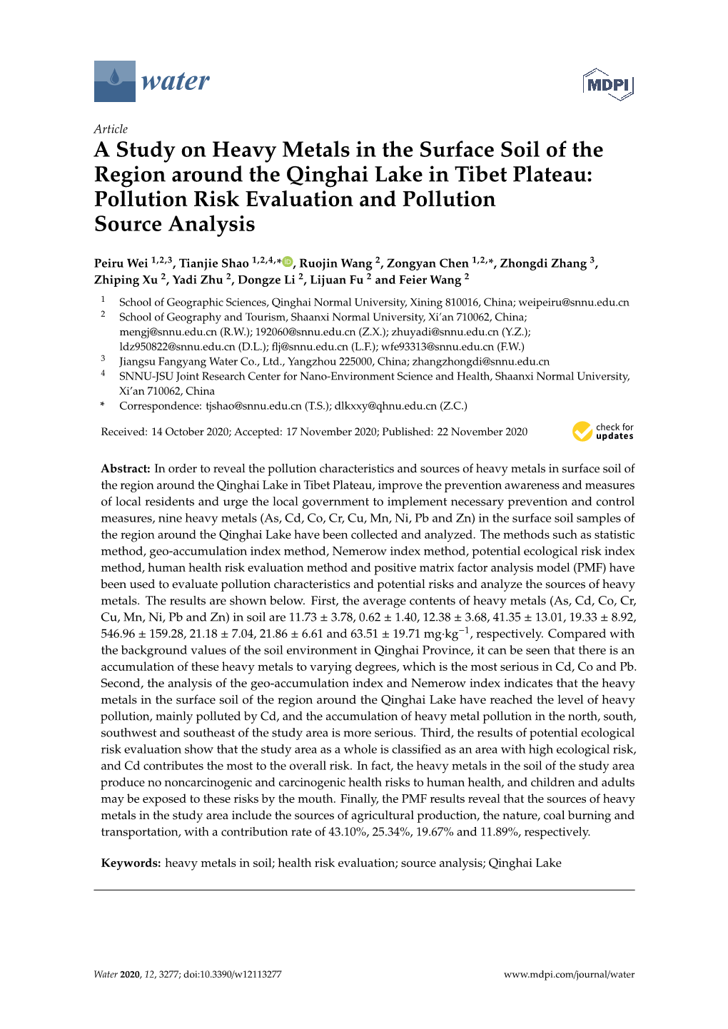 A Study on Heavy Metals in the Surface Soil of the Region Around the Qinghai Lake in Tibet Plateau: Pollution Risk Evaluation and Pollution Source Analysis