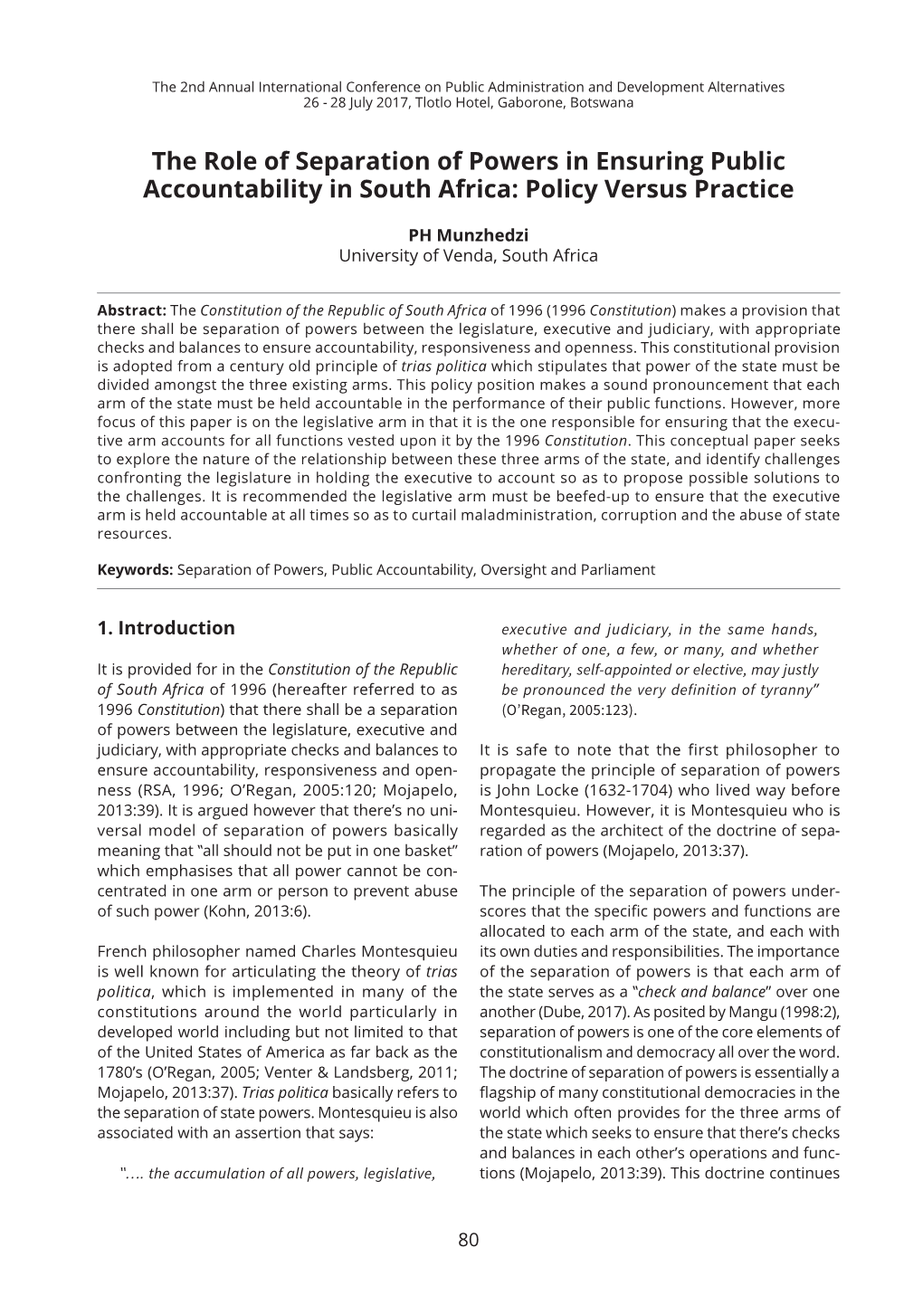 The Role of Separation of Powers in Ensuring Public Accountability in South Africa: Policy Versus Practice