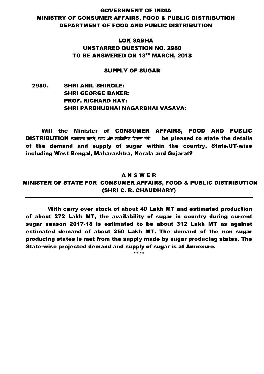 Government of India Ministry of Consumer Affairs, Food & Public Distribution Department of Food and Public Distribution