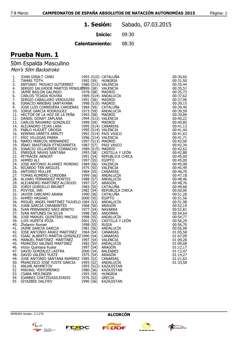 Prueba Num. 1 50M Espalda Masculino Men's 50M Backstroke 1