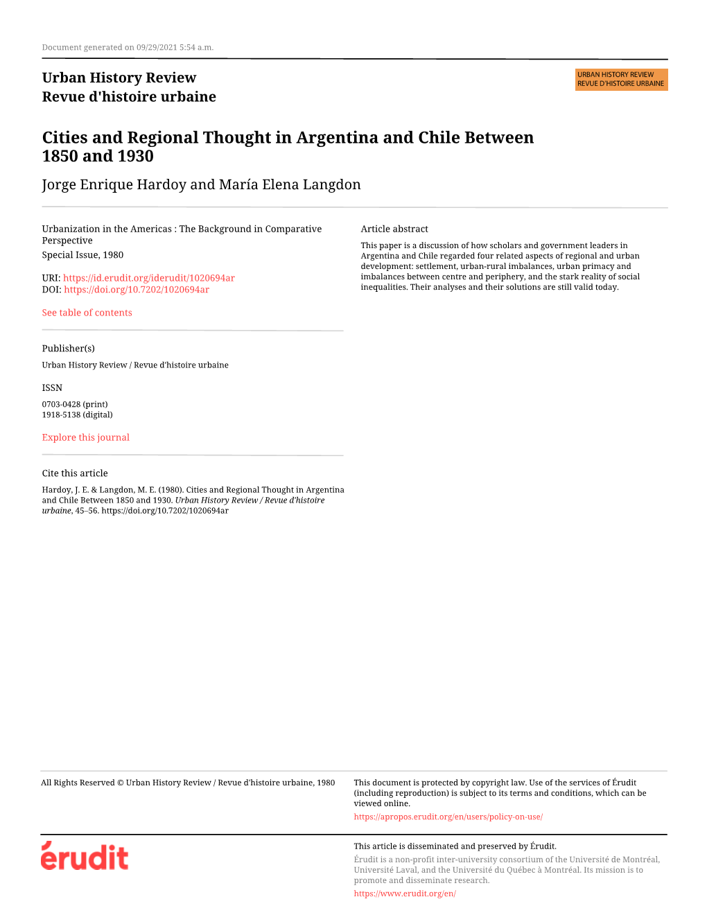 Cities and Regional Thought in Argentina and Chile Between 1850 and 1930 Jorge Enrique Hardoy and María Elena Langdon