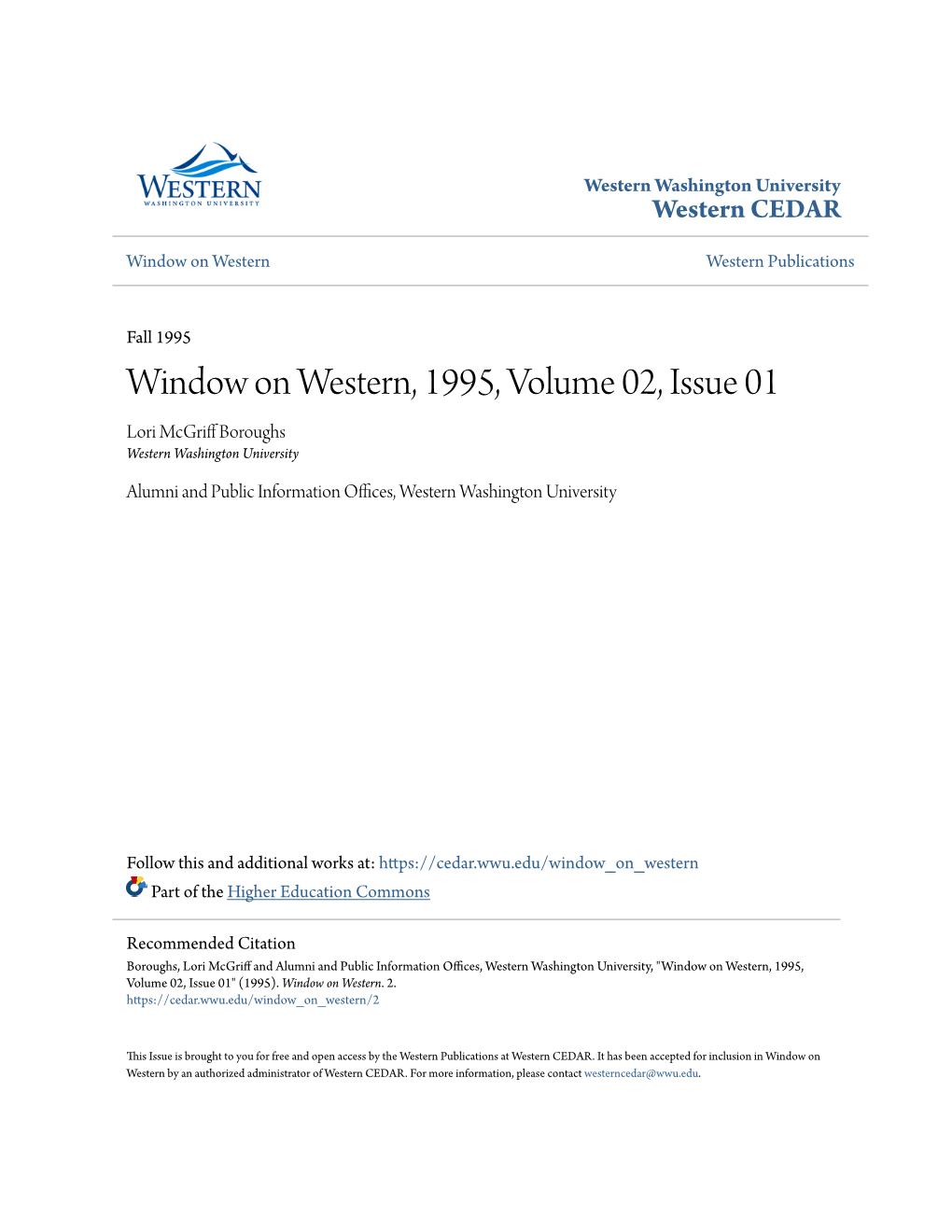 Window on Western, 1995, Volume 02, Issue 01 Lori Mcgriff Boroughs Western Washington University