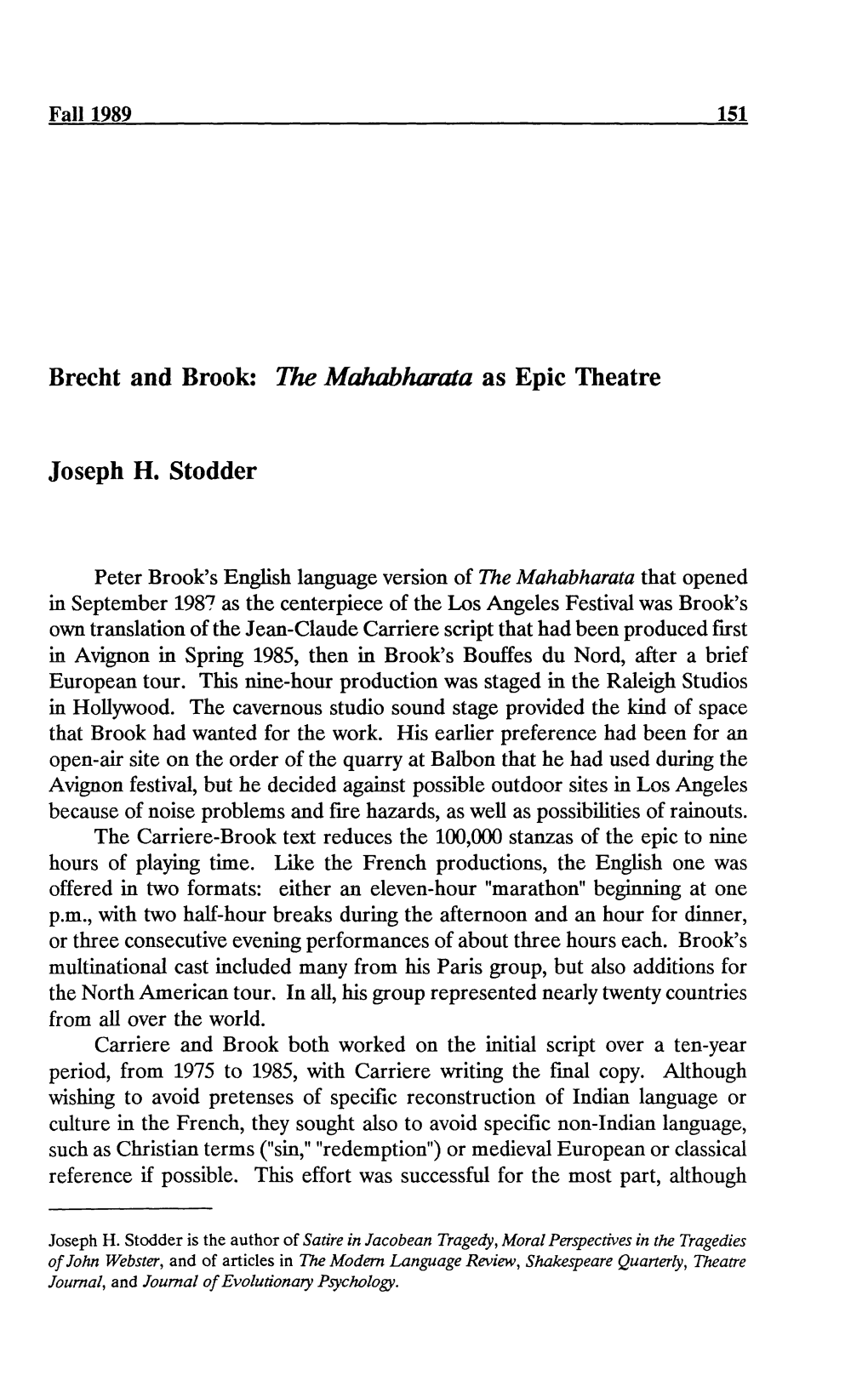 Brecht and Brook: the Mahabharata As Epic Theatre