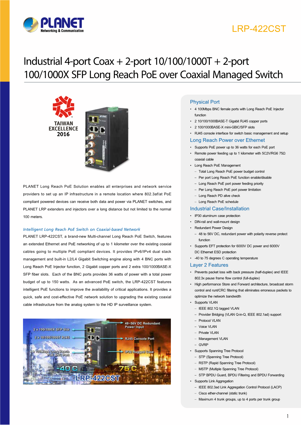 Industrial 4-Port Coax + 2-Port 10/100/1000T + 2-Port 100/1000X SFP Long Reach Poe Over Coaxial Managed Switch