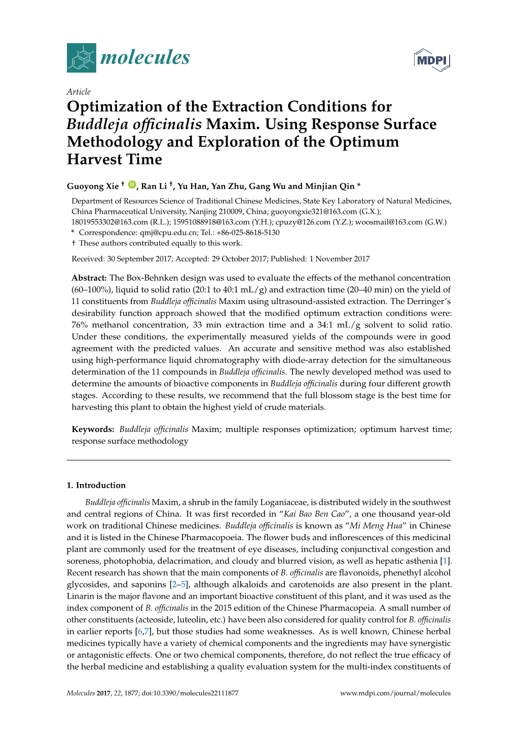 Optimization of the Extraction Conditions for Buddleja Officinalis