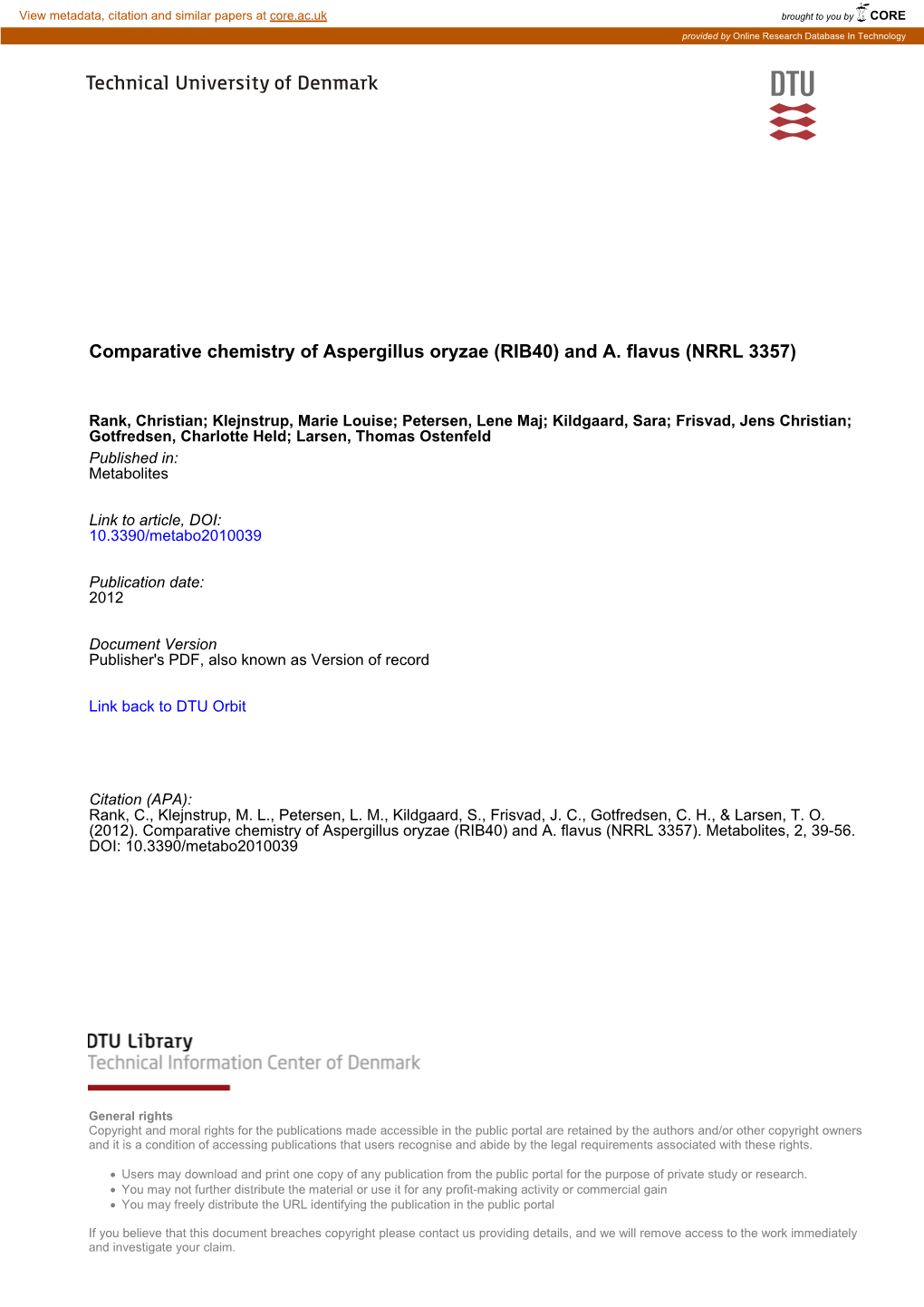 Comparative Chemistry of Aspergillus Oryzae (RIB40) and A
