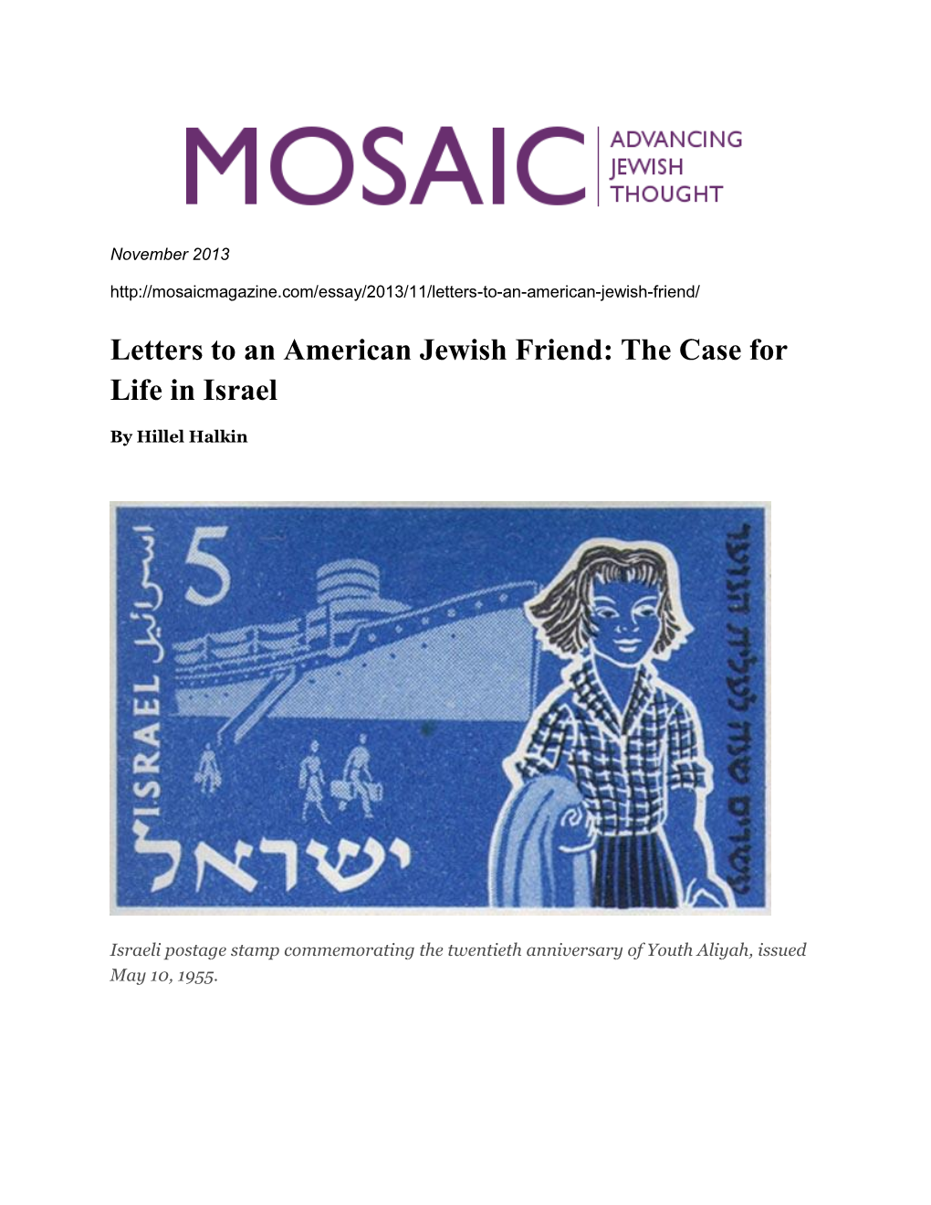 Letters to an American Jewish Friend: the Case for Life in Israel