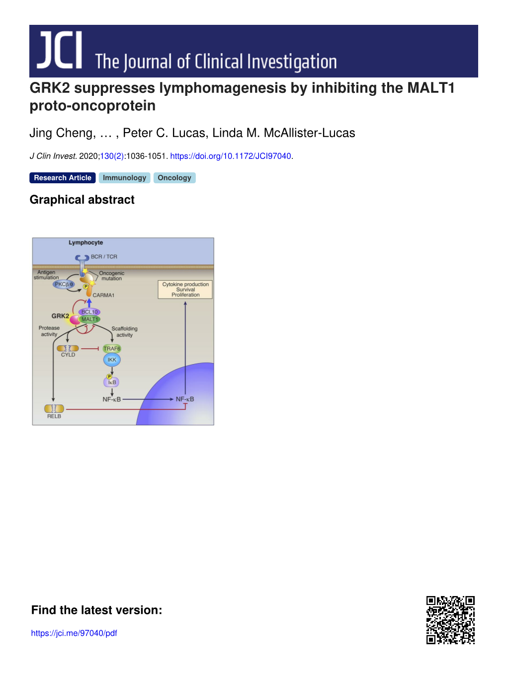 GRK2 Suppresses Lymphomagenesis by Inhibiting the MALT1 Proto-Oncoprotein