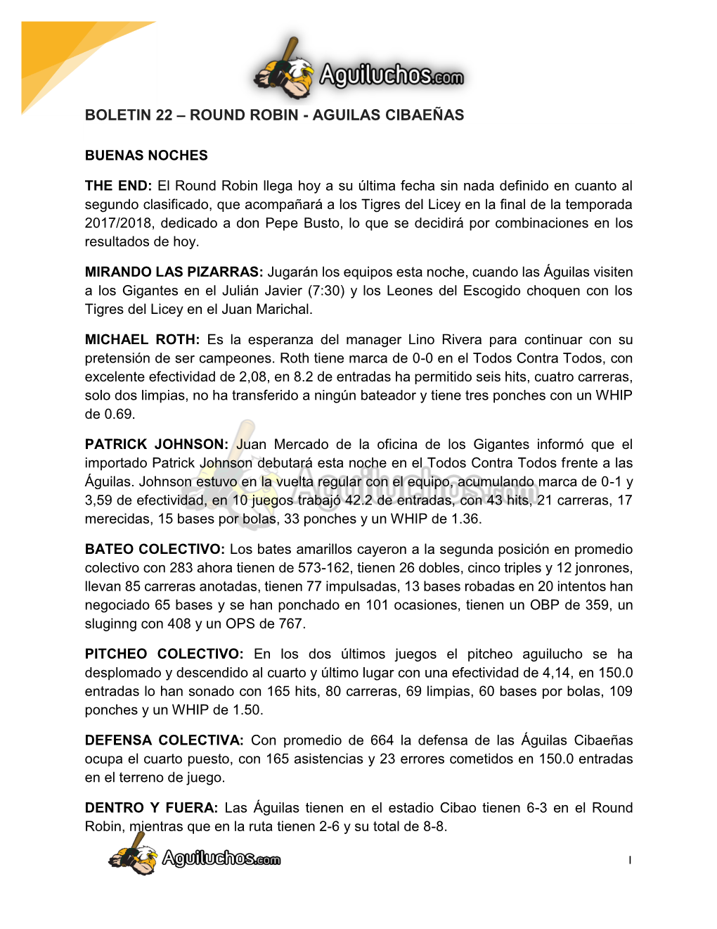 Boletin 22 – Round Robin - Aguilas Cibaeñas