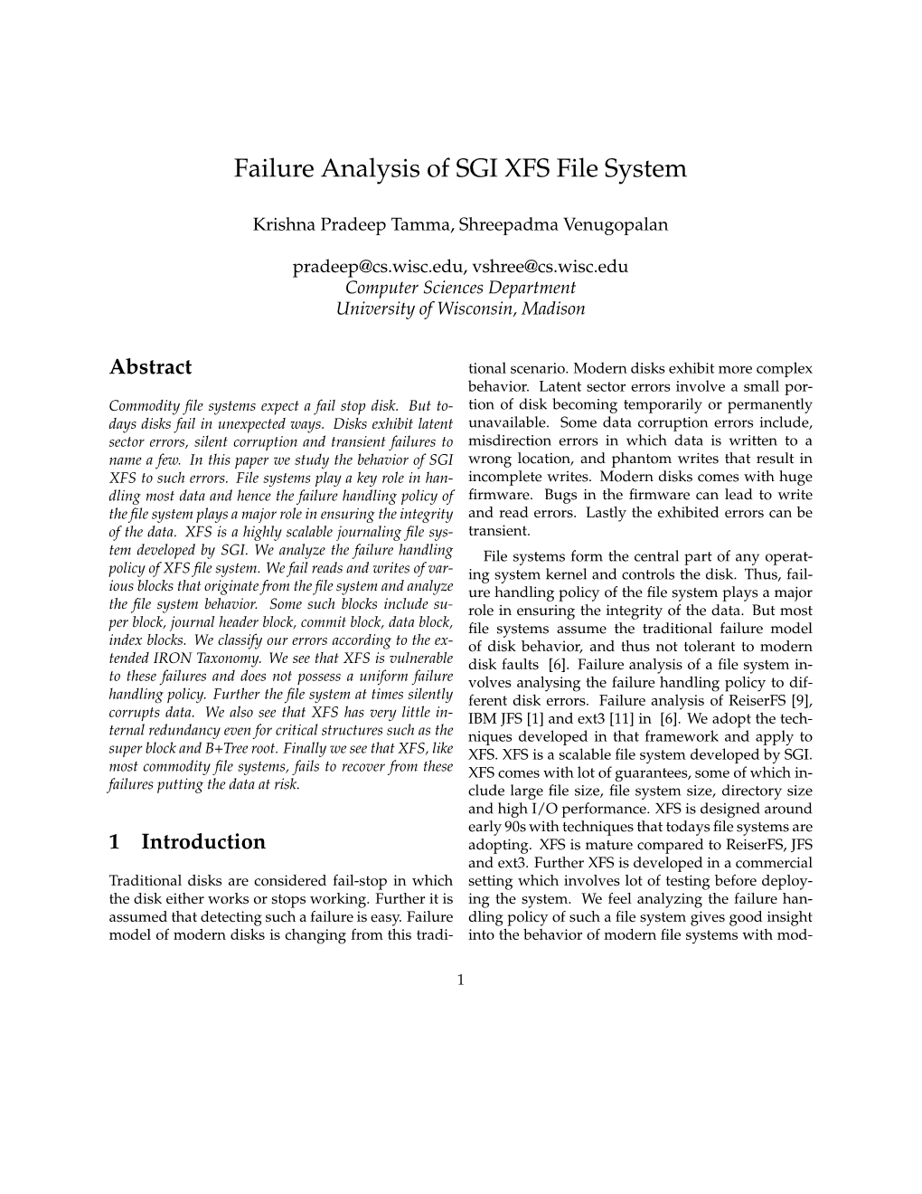 Failure Analysis of SGI XFS File System