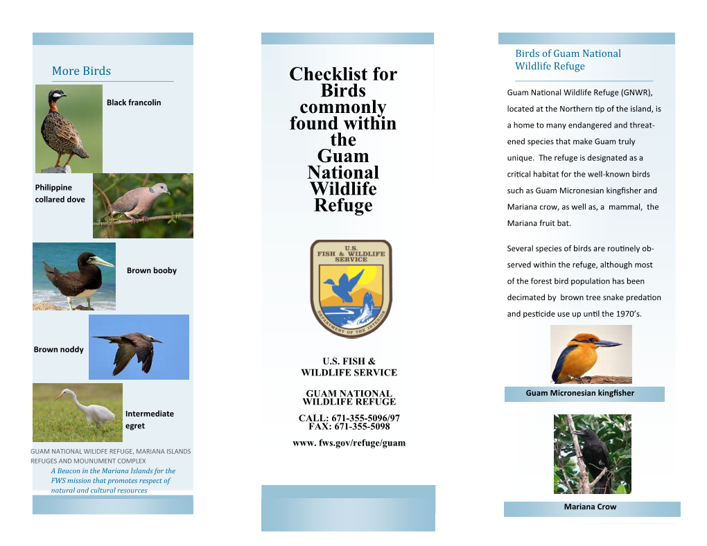 Checklist for Birds Commonly Found Within the Guam National Wildlife