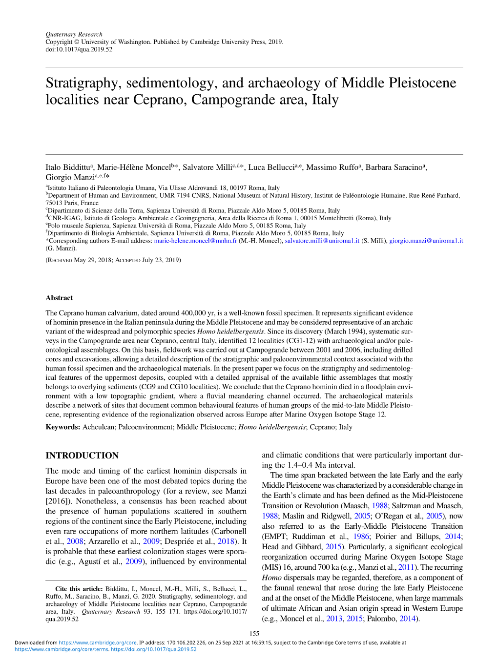 Stratigraphy, Sedimentology, and Archaeology of Middle Pleistocene Localities Near Ceprano, Campogrande Area, Italy