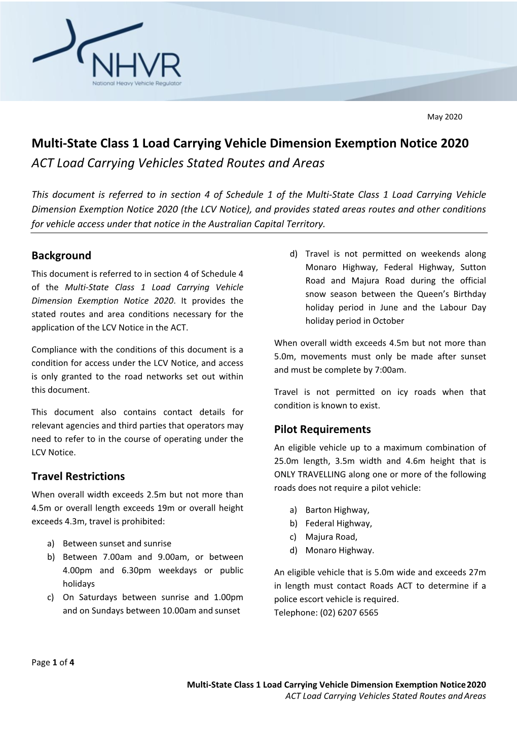 ACT Load Carrying Vehicles Stated Routes and Areas