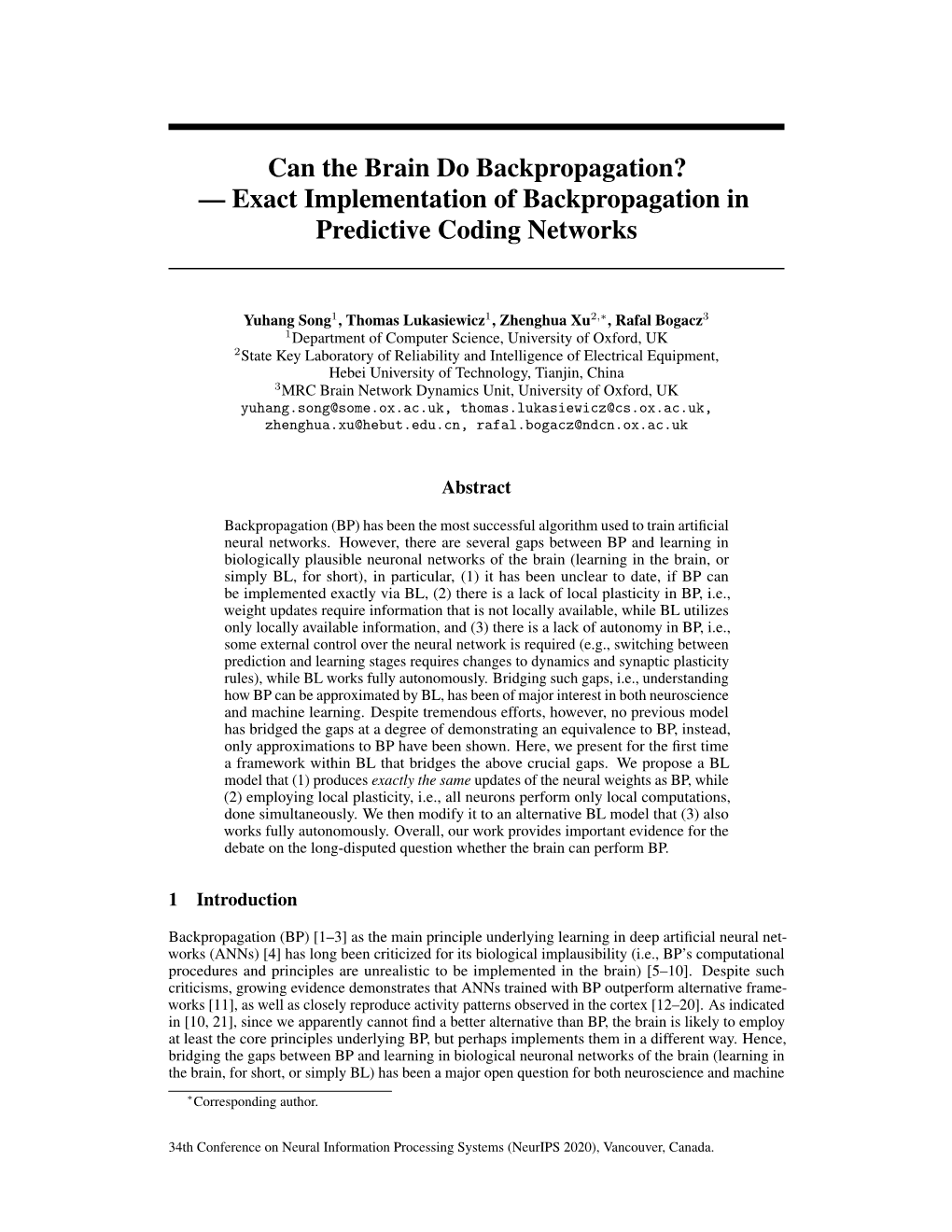 Can the Brain Do Backpropagation? — Exact Implementation of Backpropagation in Predictive Coding Networks