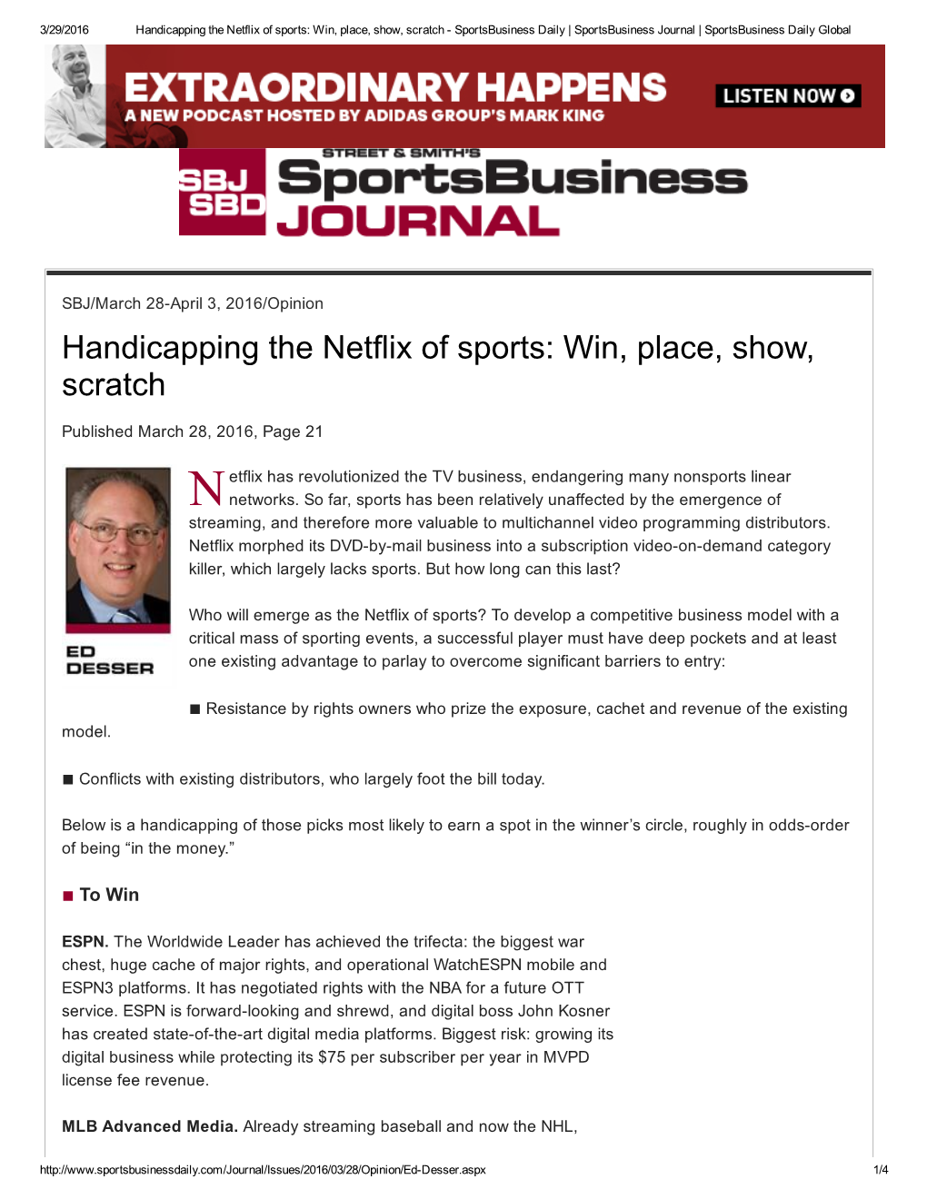 Handicapping the Netflix of Sports: Win, Place, Show, Scratch ­ Sportsbusiness Daily | Sportsbusiness Journal | Sportsbusiness Daily Global