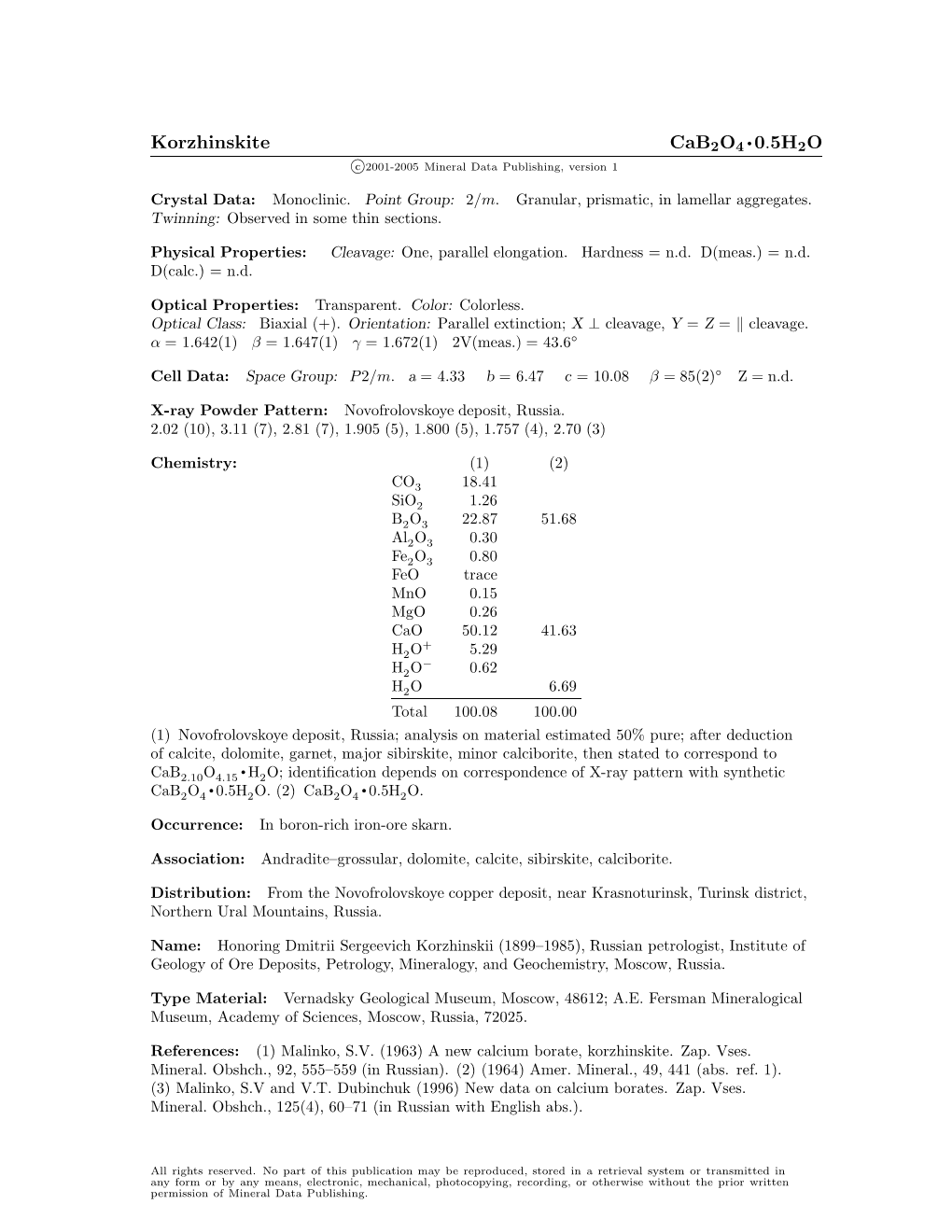 Korzhinskite Cab2o4 • 0.5H2O C 2001-2005 Mineral Data Publishing, Version 1