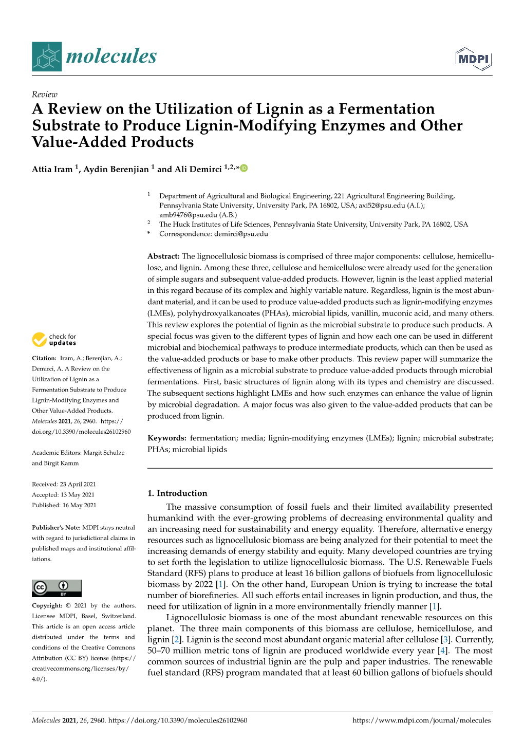 A Review on the Utilization of Lignin As a Fermentation Substrate to Produce Lignin-Modifying Enzymes and Other Value-Added Products