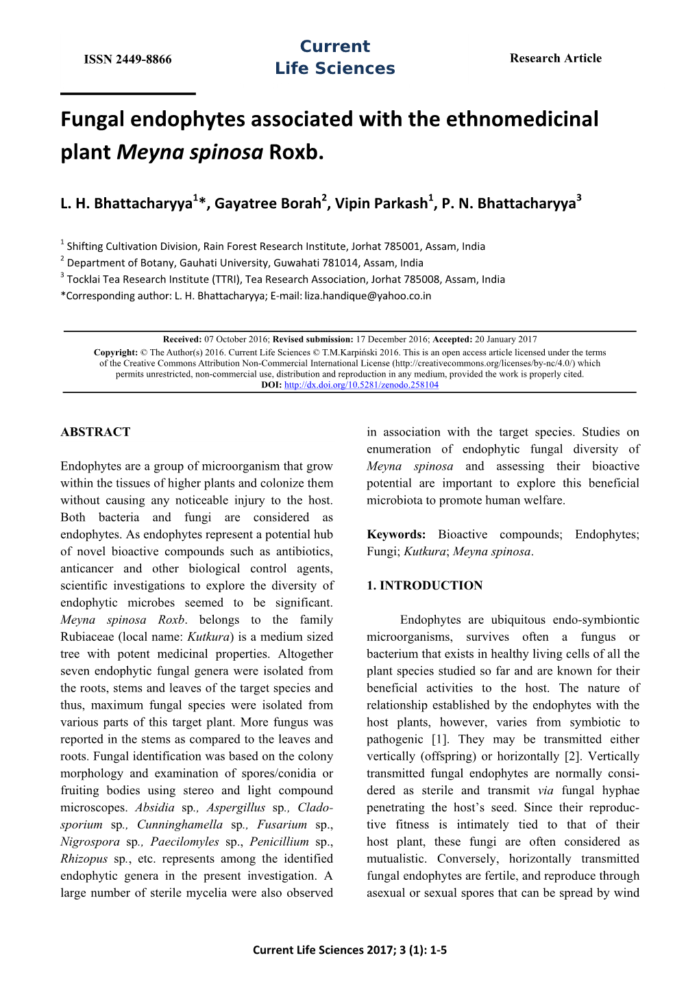 Fungal Endophytes Associated with the Ethnomedicinal Plant Meyna Spinosa Roxb