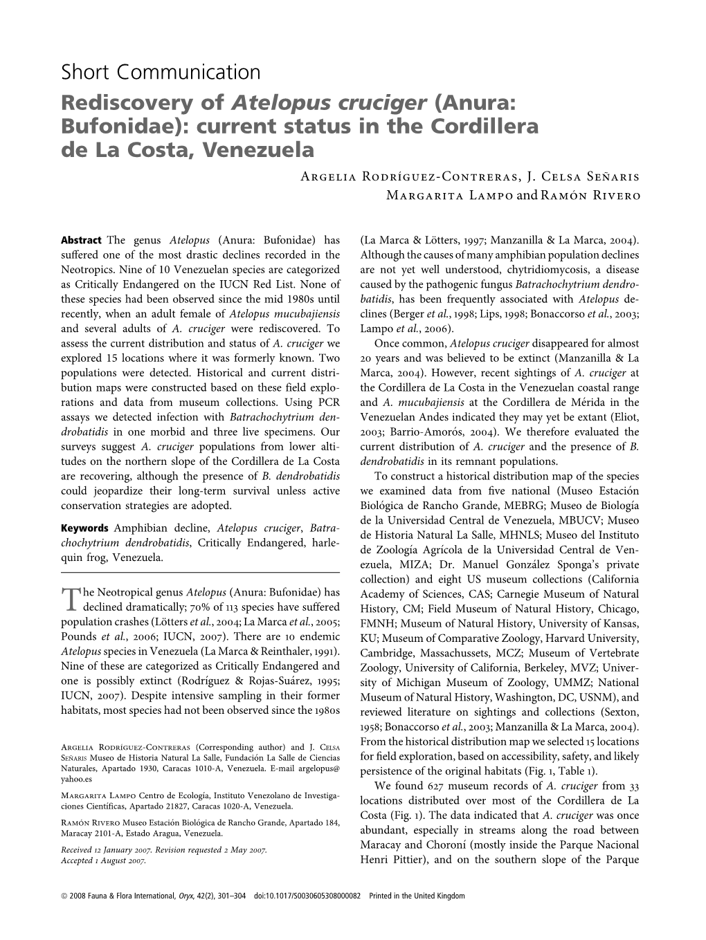 Short Communication Rediscovery of Atelopus Cruciger (Anura: Bufonidae): Current Status in the Cordillera De La Costa, Venezuela