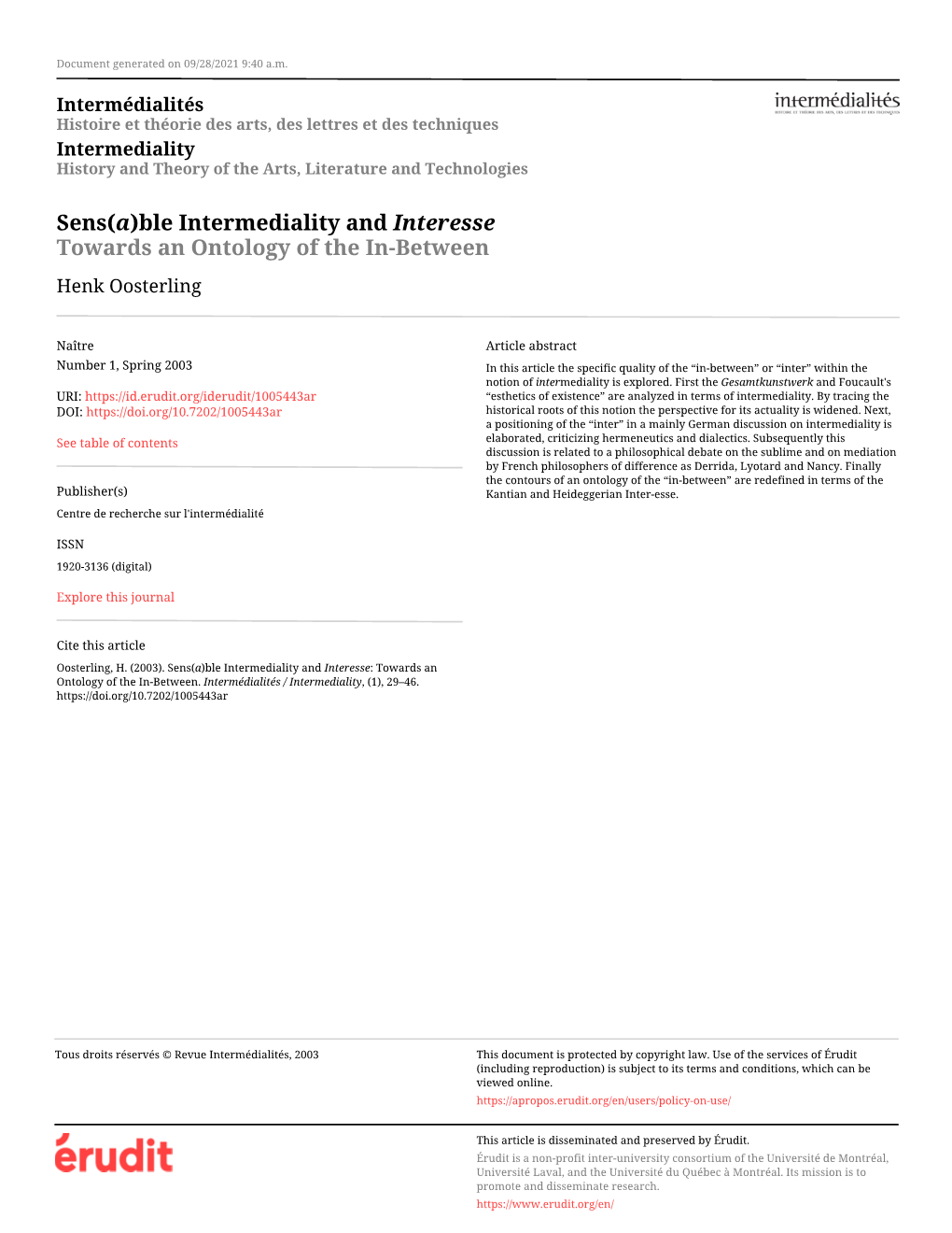 Ble Intermediality and Interesse: Towards an Ontology of the In-Between