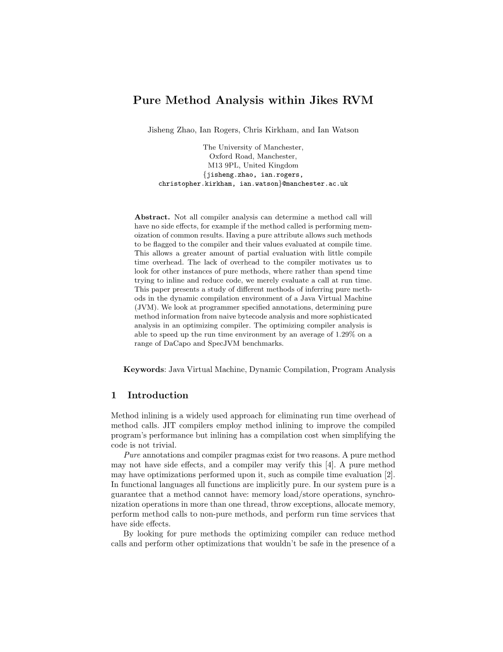 Pure Method Analysis Within Jikes RVM