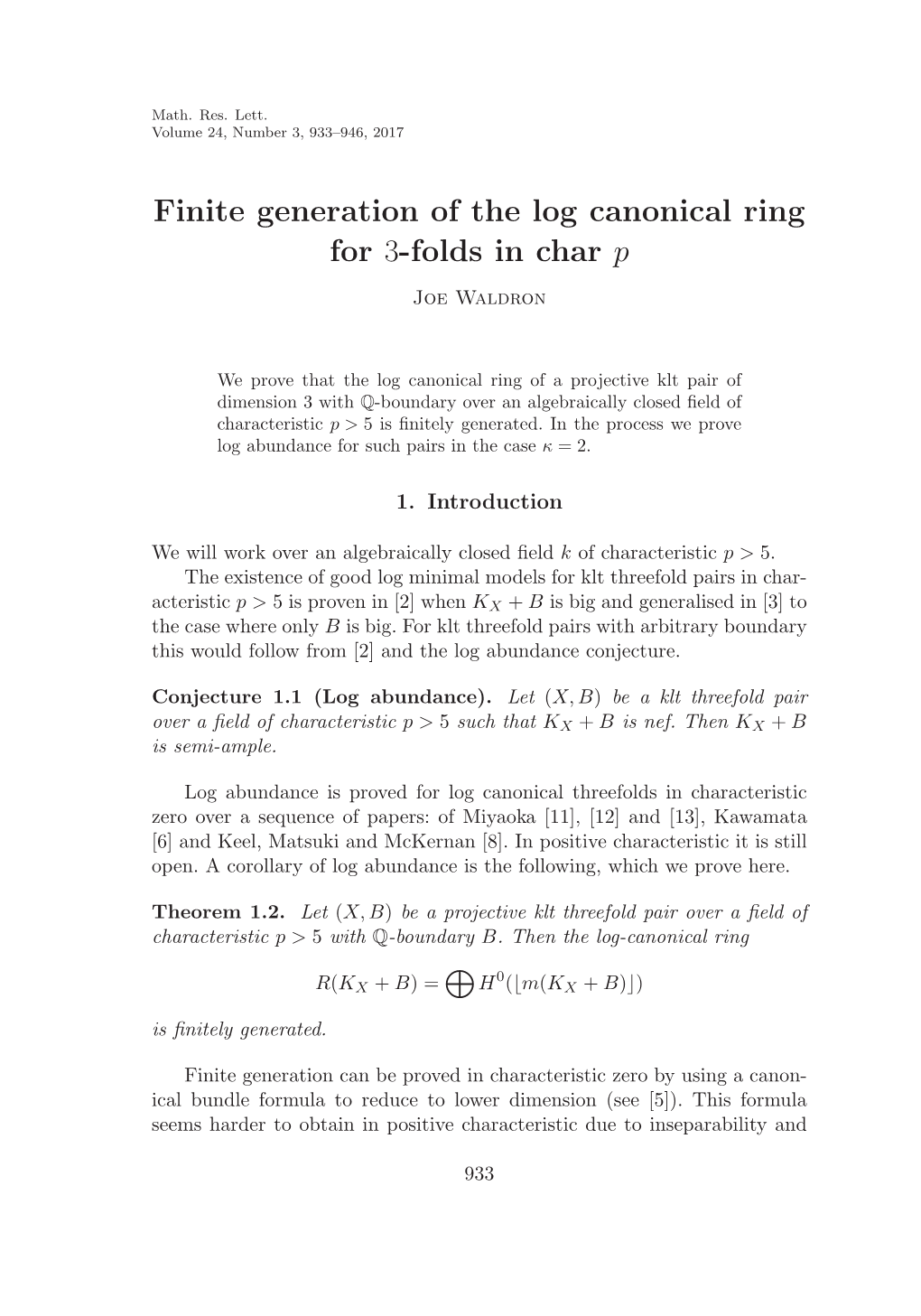 Finite Generation of the Log Canonical Ring for 3-Folds in Char P Joe Waldron