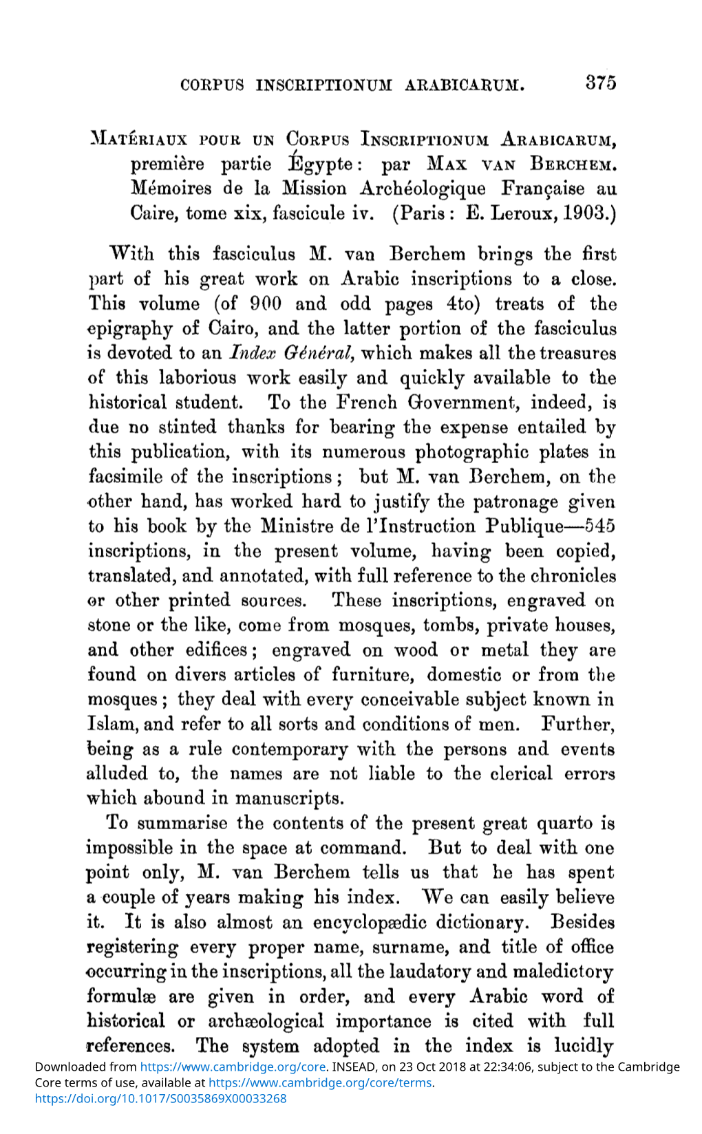 Matériaux Pour Un Corpus Inscriptionum Arabicarum, Première Partie Égypte: Par Max Van Berchem. Mémoires De La Mission Arch