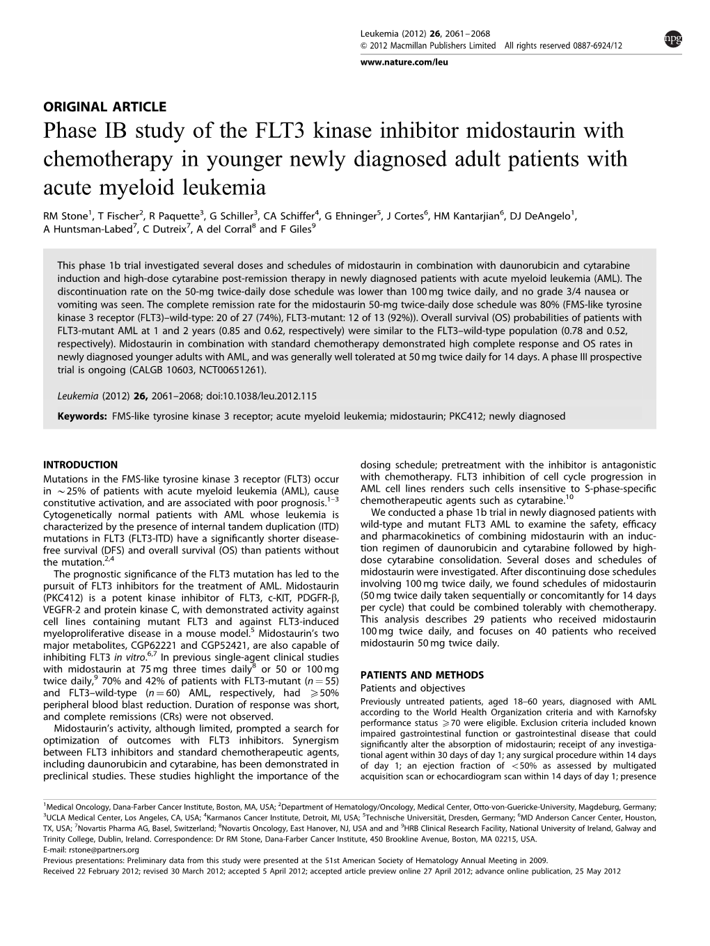 Phase IB Study of the FLT3 Kinase Inhibitor Midostaurin with Chemotherapy in Younger Newly Diagnosed Adult Patients with Acute Myeloid Leukemia