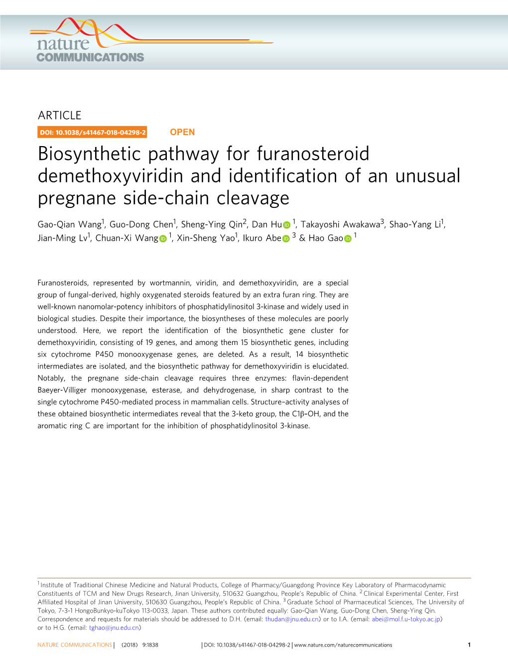 Biosynthetic Pathway for Furanosteroid Demethoxyviridin and Identification