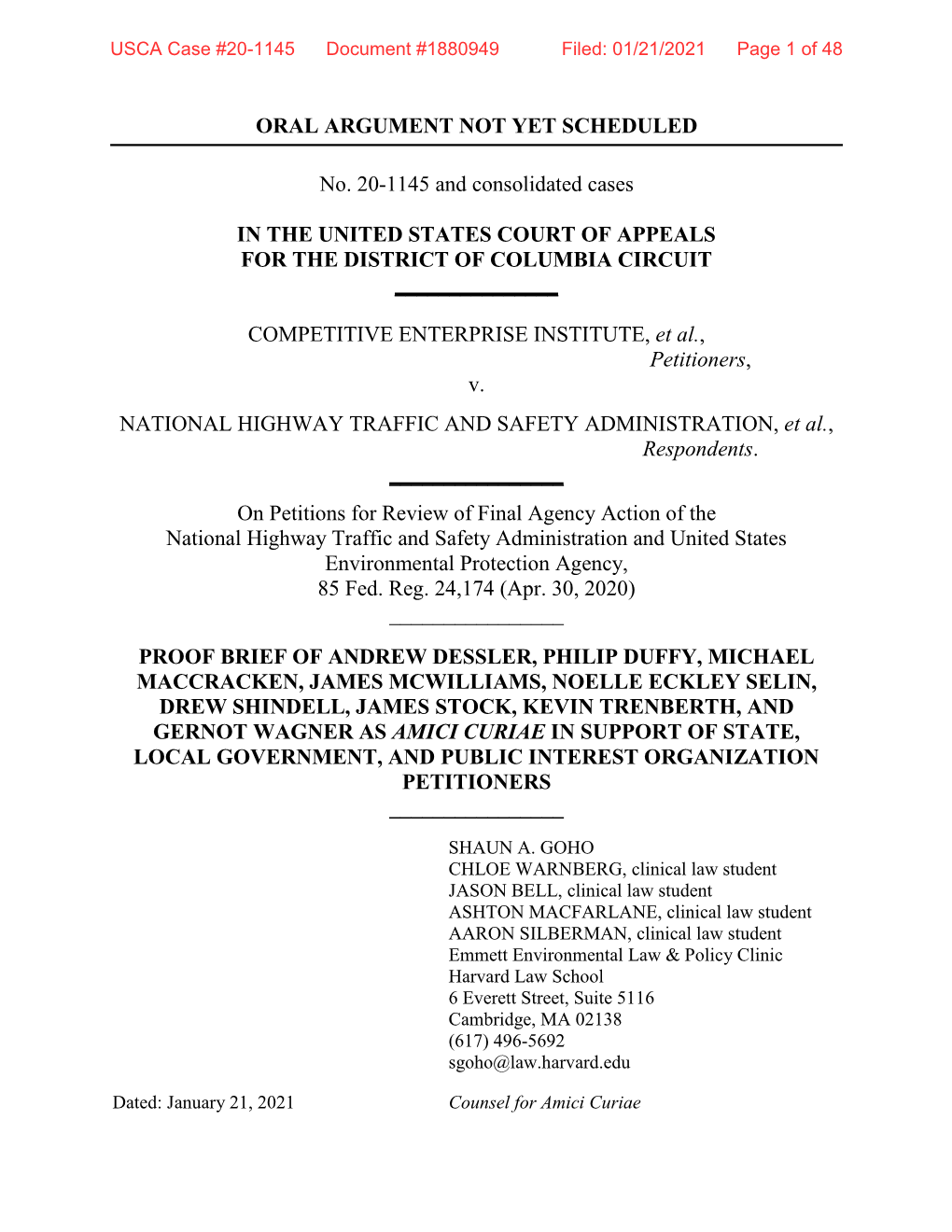 ORAL ARGUMENT NOT YET SCHEDULED No. 20-1145 and Consolidated Cases in the UNITED STATES COURT of APPEALS for the DISTRICT OF