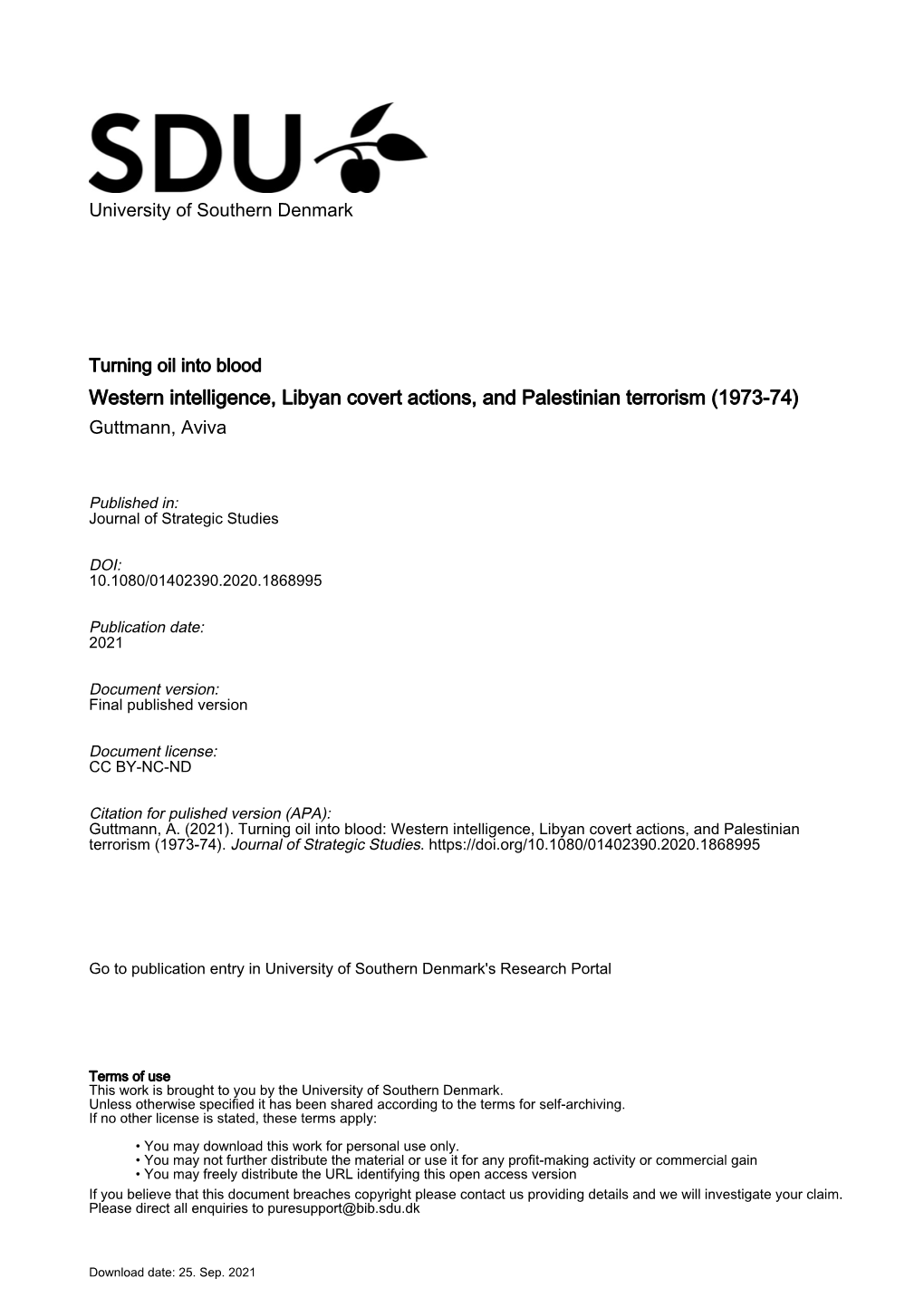 Western Intelligence, Libyan Covert Actions, and Palestinian Terrorism (1973-74) Guttmann, Aviva