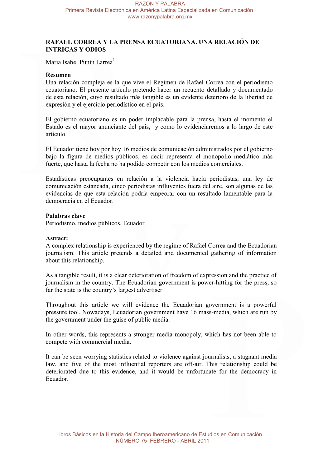 Rafael Correa Y La Prensa Ecuatoriana. Una Relación De Intrigas Y Odios