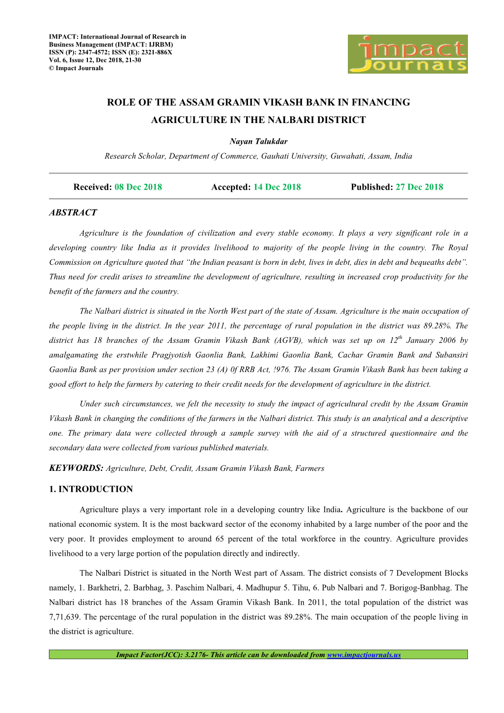 Role of the Assam Gramin Vikash Bank in Financing Agriculture in the Nalbari District